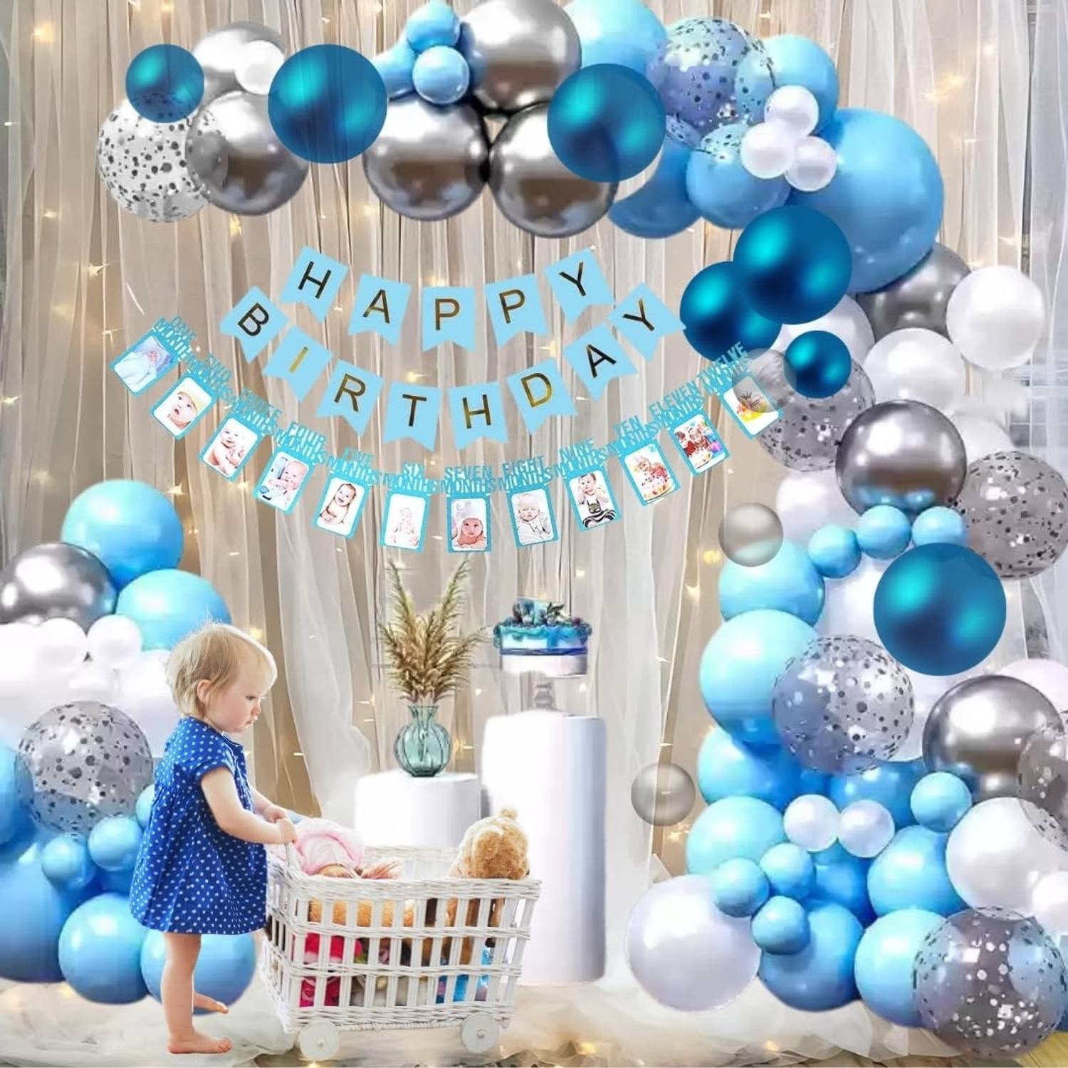 Balloon and you Solid 1st/first boy birthday decoration kit with month banner, decoration net & Balloon