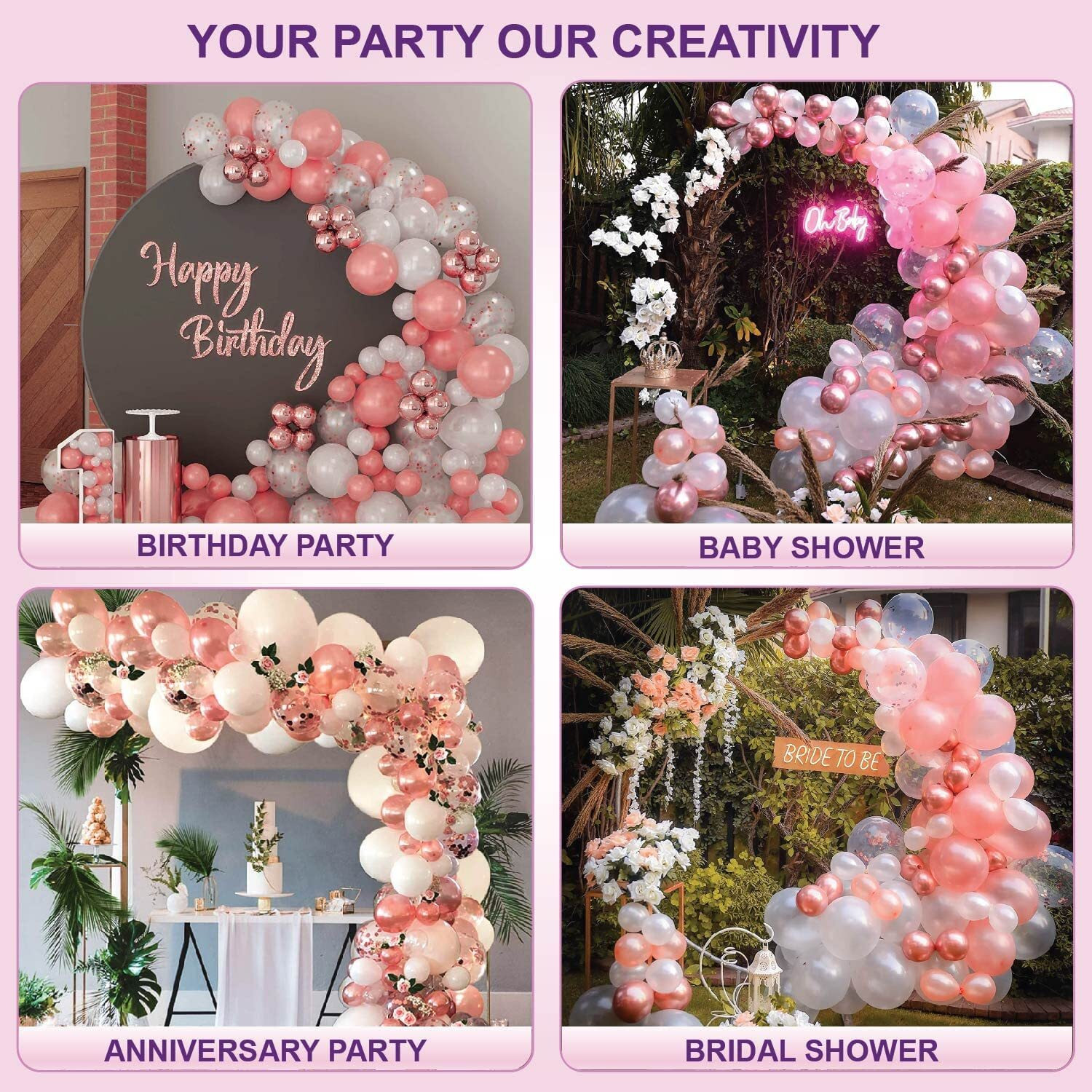 Image of R G ACCESSORIES Solid White Pink Balloons Garland Decoration Kit With Arch Pack Of 61 Balloon