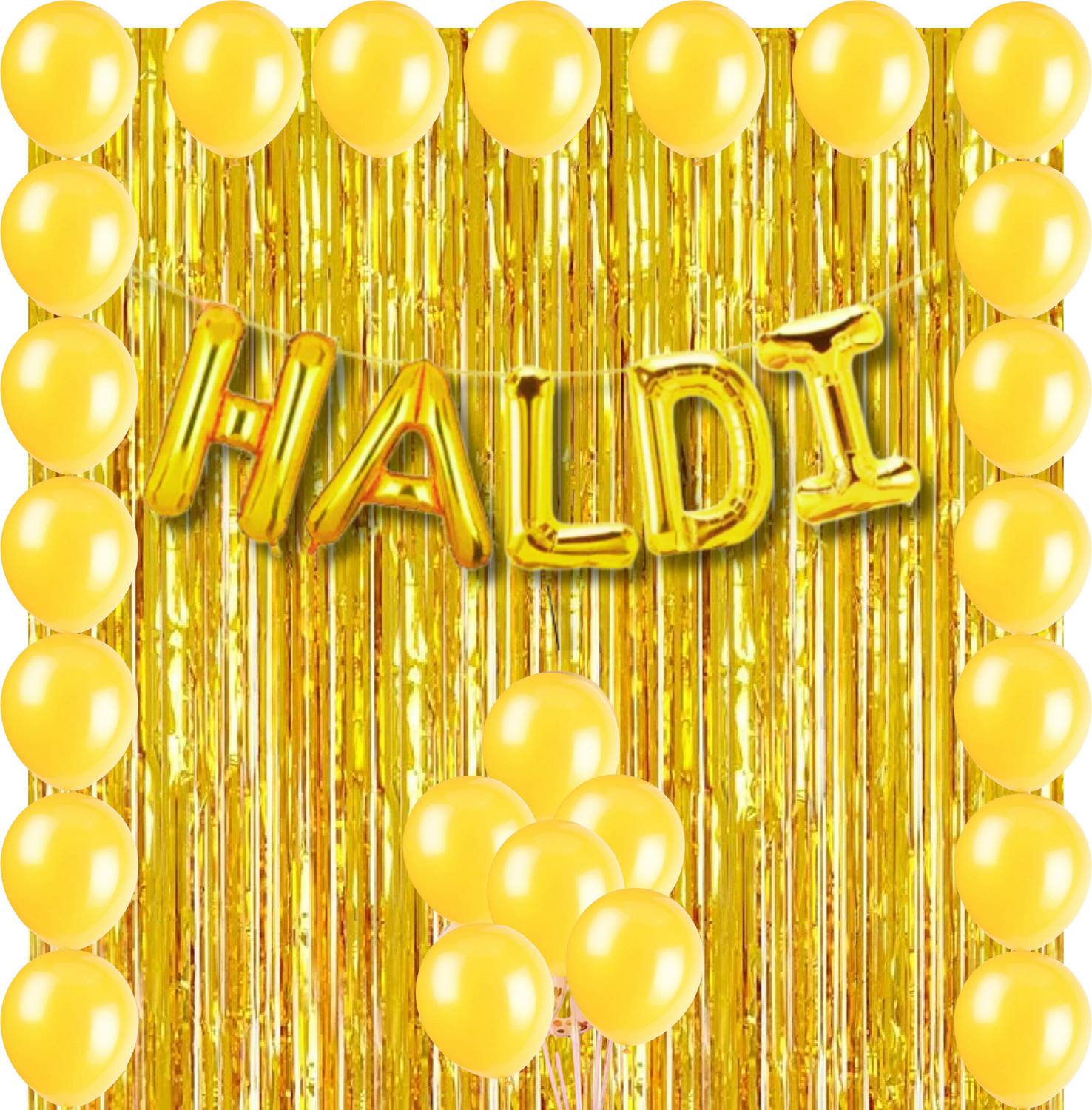 1iAM Solid Haldi Decoration Combo Set |HALDI Foil Balloon, Curtain, Pastel & Metallic Balloon