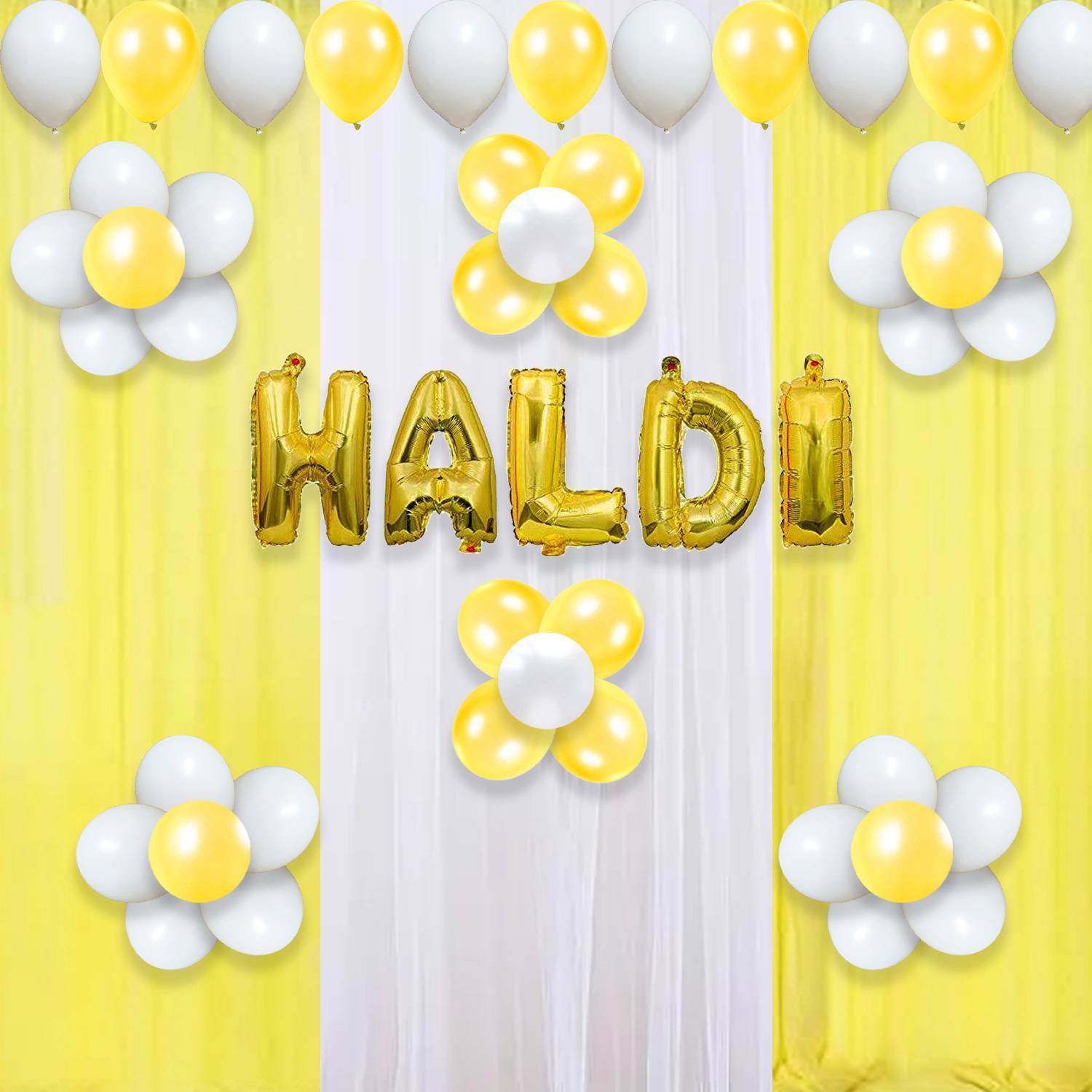 1iAM Solid Haldi Ceremony Decoration kit with Yellow and White Net Curtain and Foil Balloon