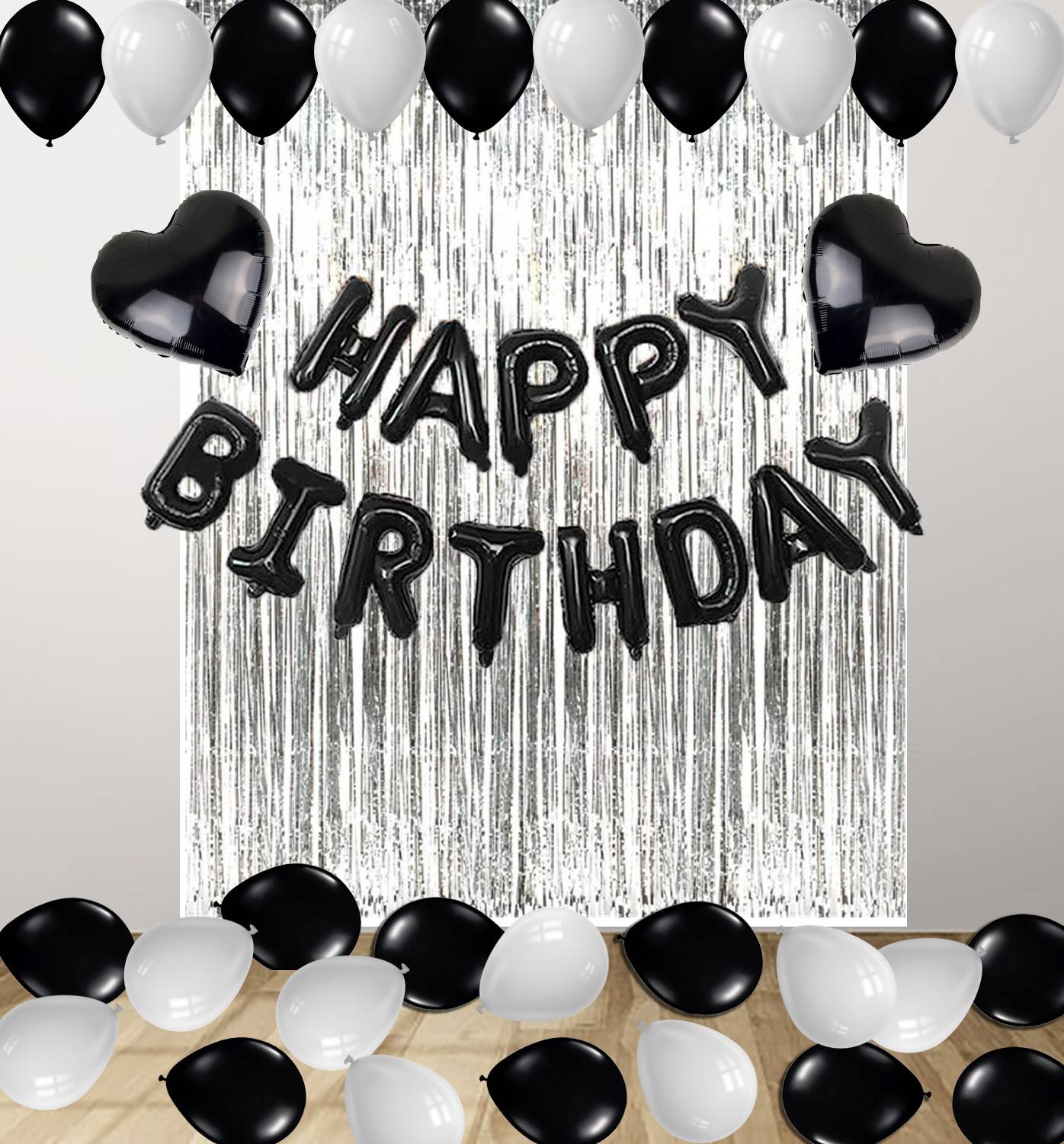 1iAM Solid Happy Birthday Decoration Set |Foil Curtain, Heart & HAPPY BIRTHDAY Foil Balloon