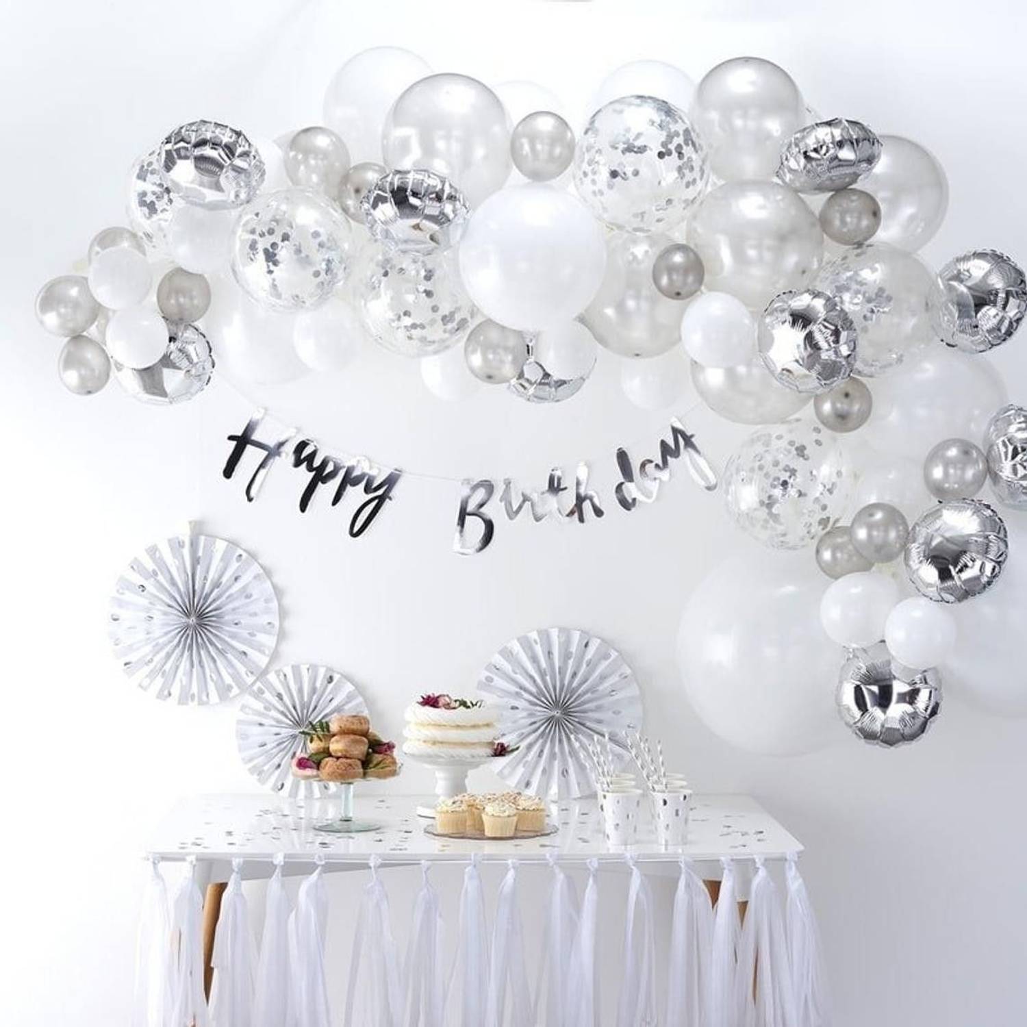 Bash N Splash Solid Silver Happy Birthday Balloon with Confetti & White Balloons Pack of 40 Balloon