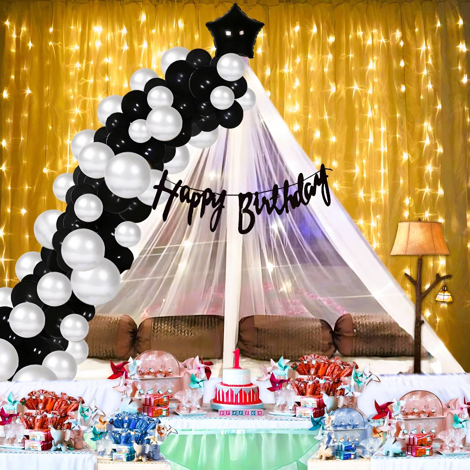1iAM Printed Happy Birthday Decoration Items - Cursive Banner, Net, Rice Light, Glue Dots, 47 Balloon