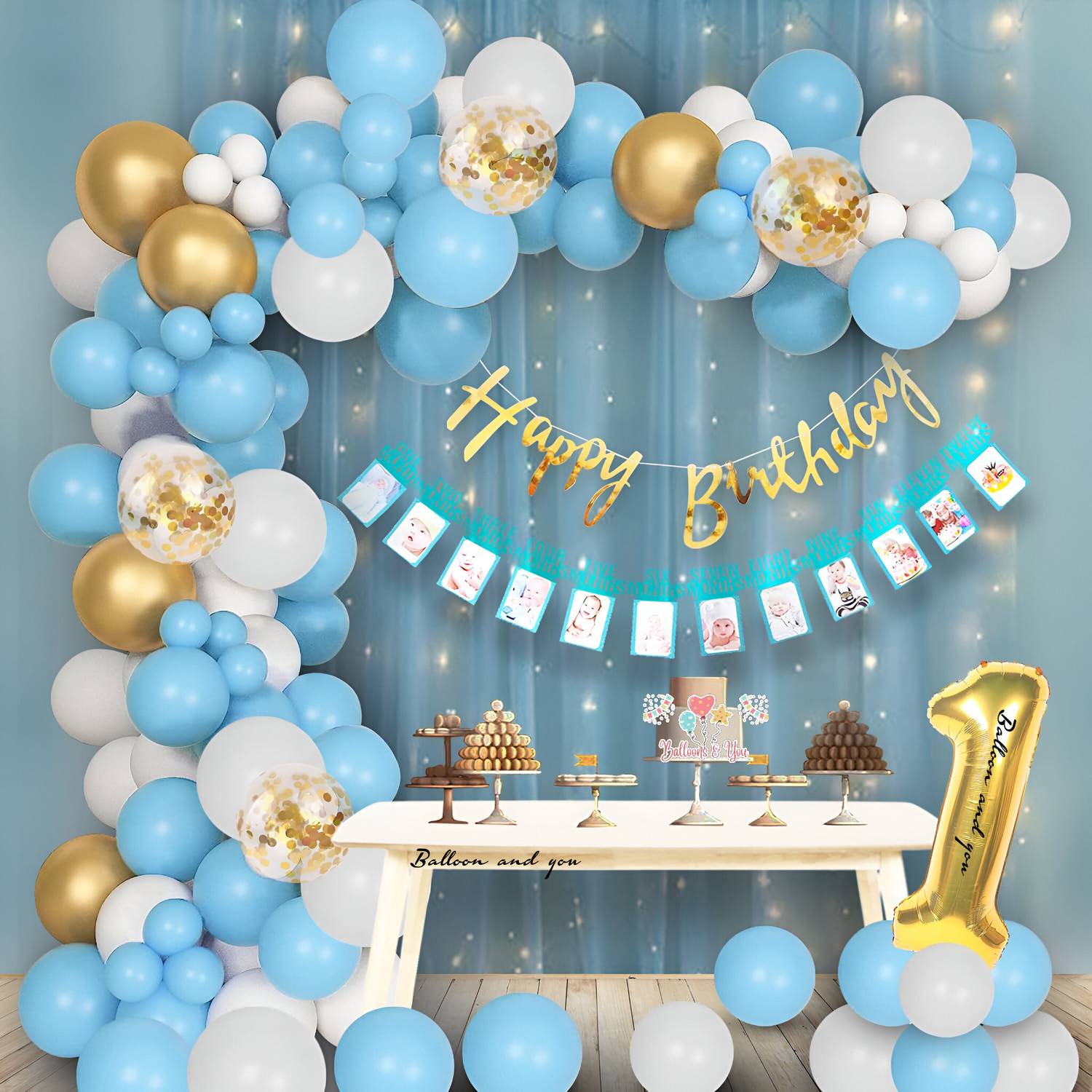 Balloon and you Solid 1st First Baby Boy Birthday Decoration Kit Combo With Net Curtain, Led Light, Balloon