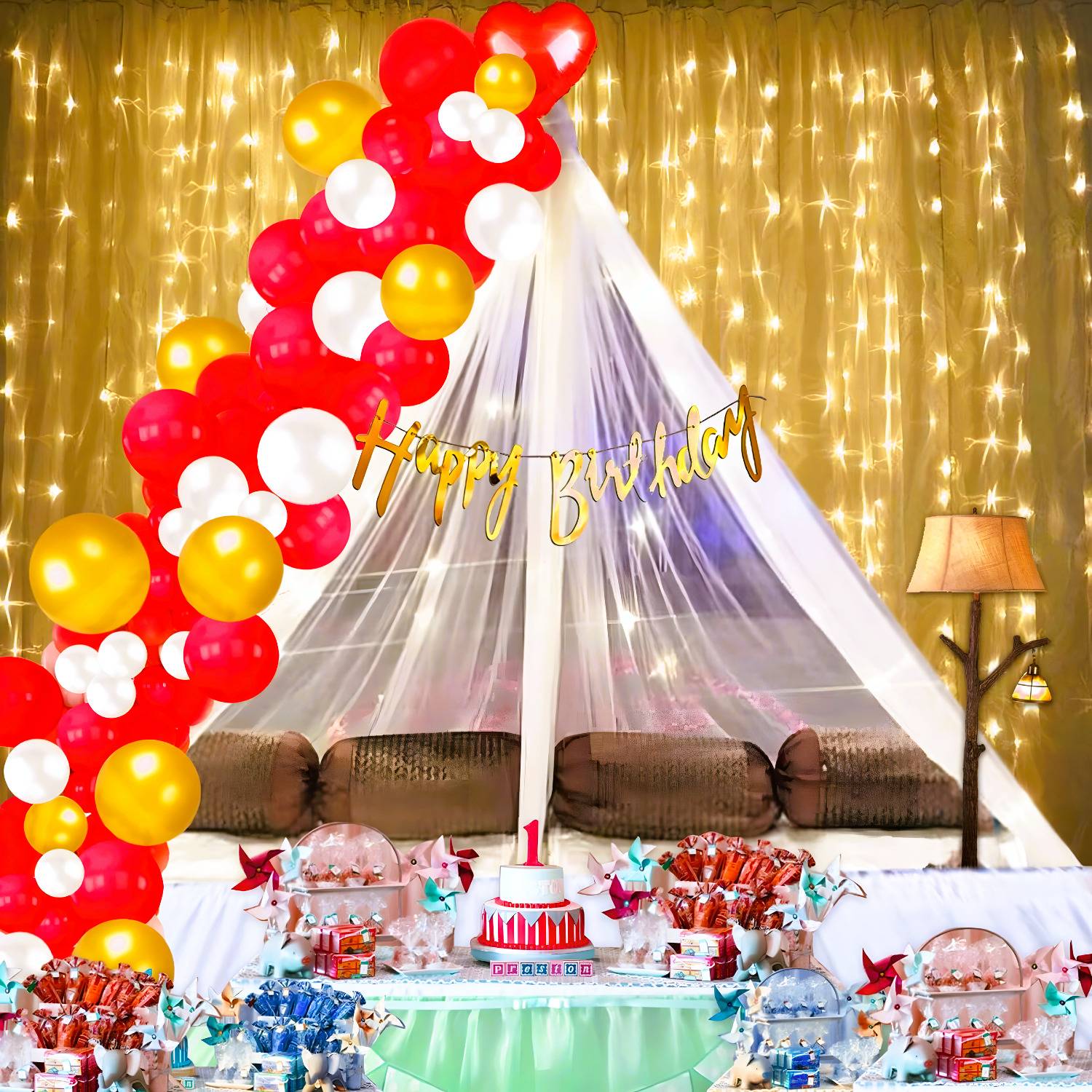 1iAM Printed Happy Birthday Decoration Items - Cursive Banner, Net, Rice Light, Glue Dots, 41 Balloon