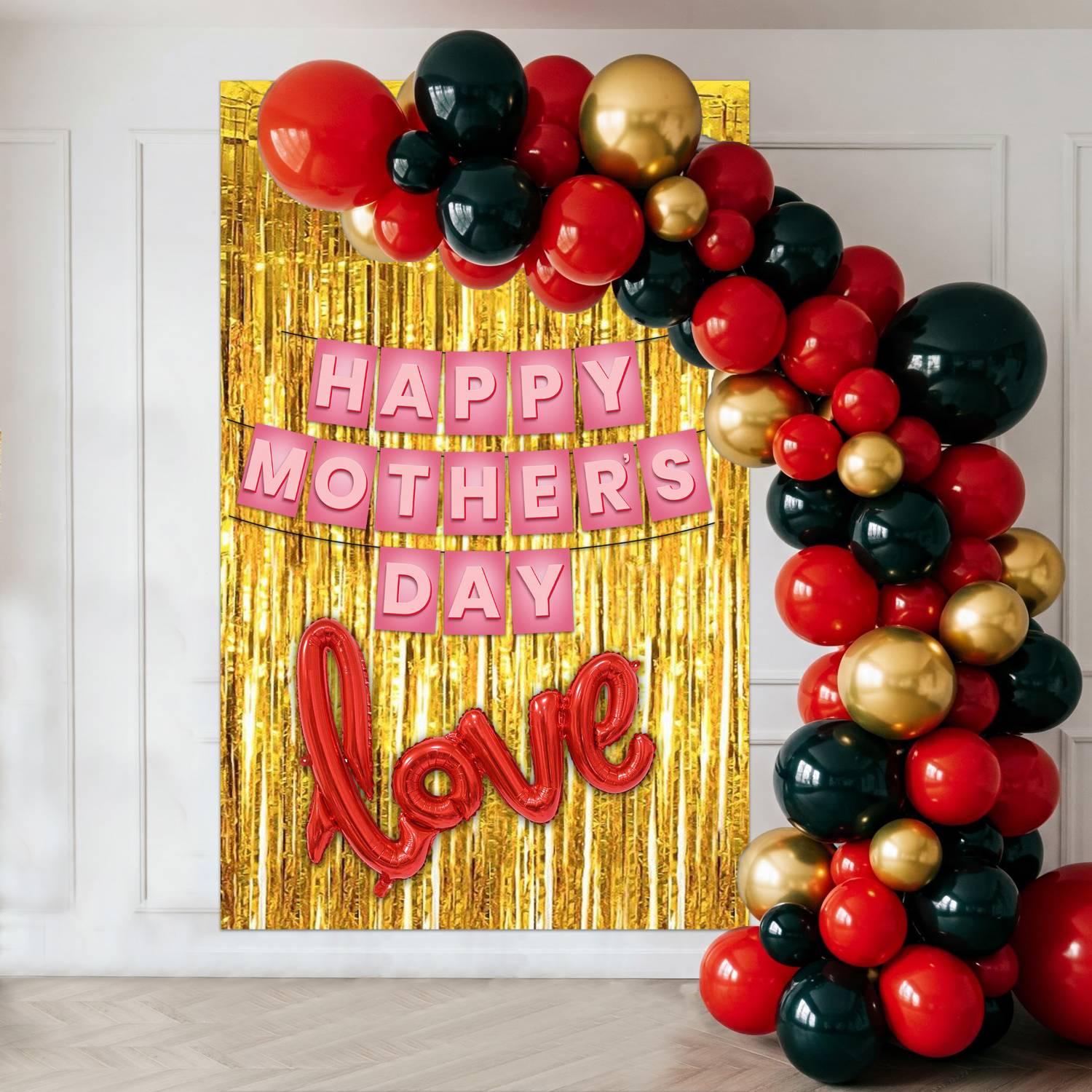 1iAM Printed Mother's Day Decoration Set|"HAPPY MOTHER'S DAY" Banner, Foil Curtain, Love Foil Balloon
