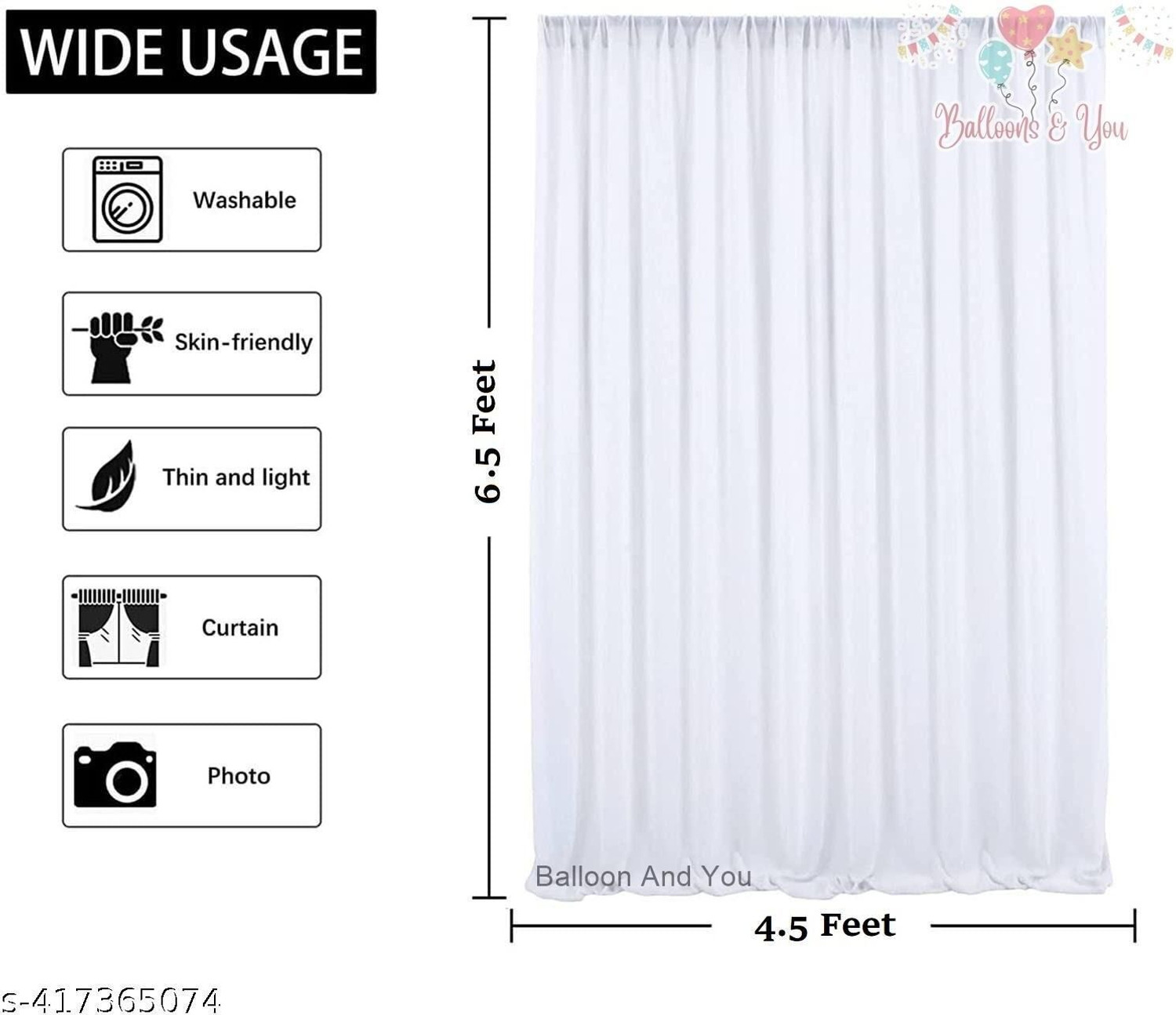 Image of Balloon and you Solid Happy Birthday Decoration Combo Kit with White Net Curtain, LED Fairy Lights & Balloon