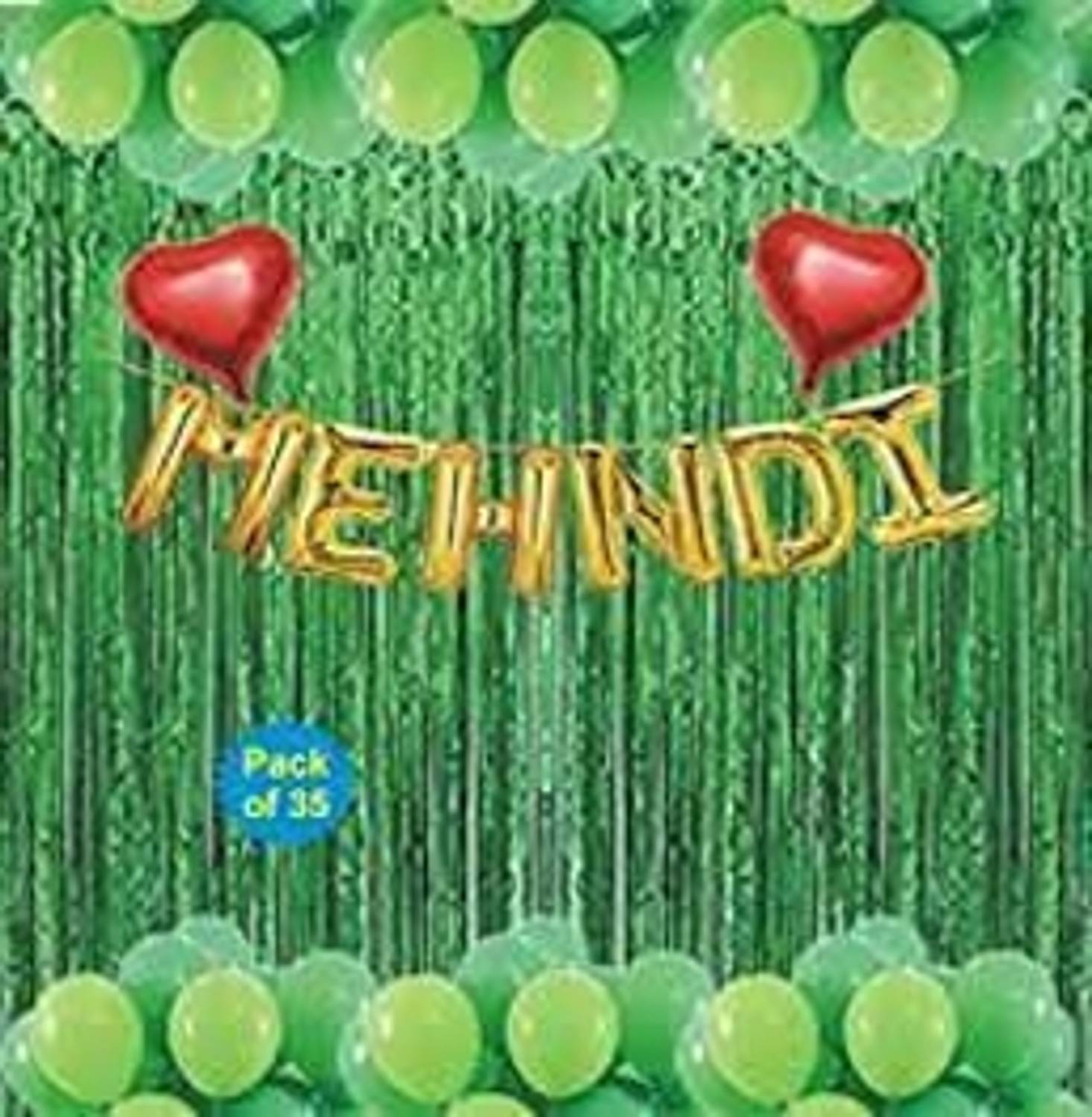 AAKRISH Solid 1 Golden Mehndi Foil,30 Green Metallic,2 Green Curtains,2 Red Heart Foil Balloon Balloon