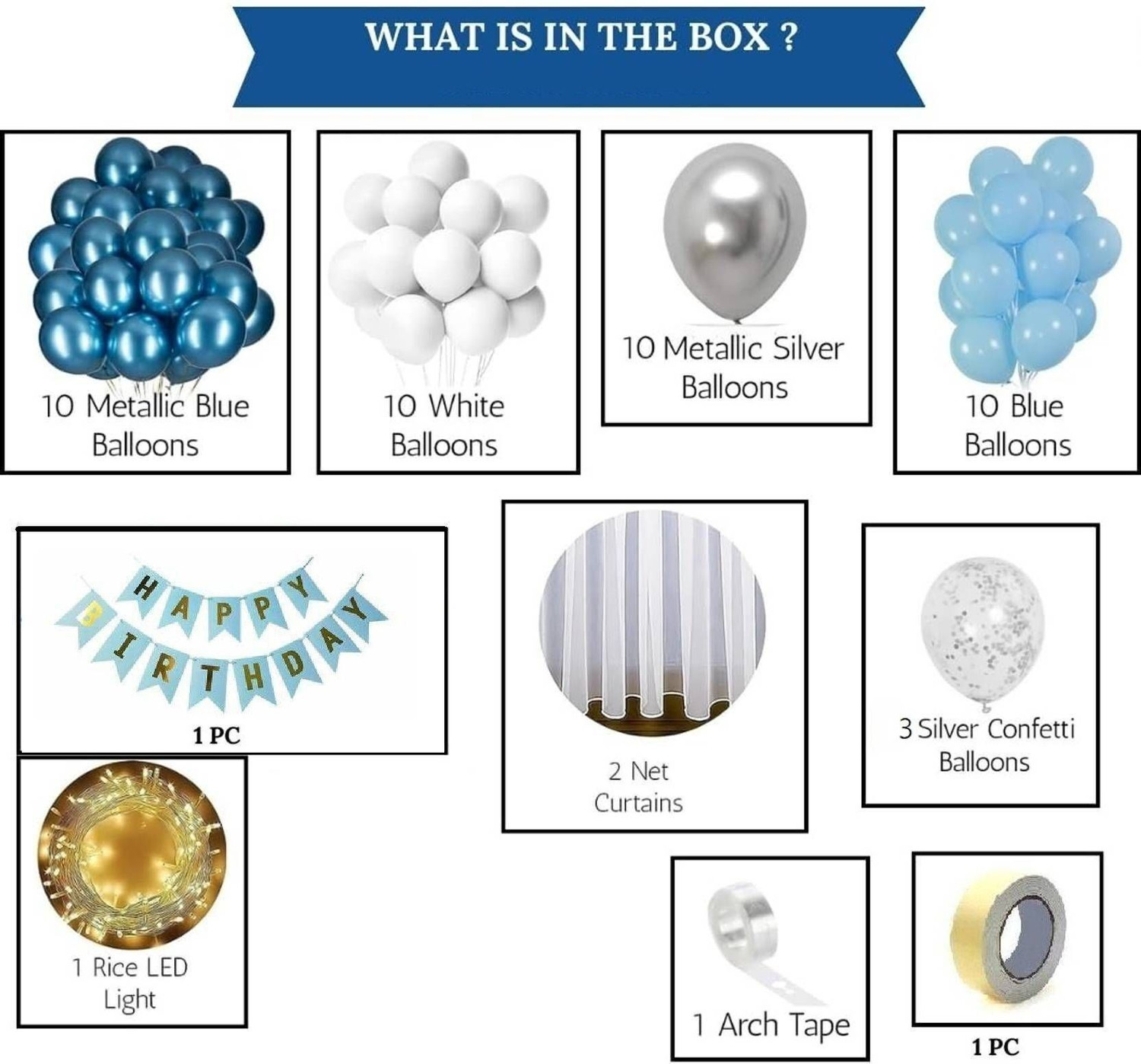 Image of Balloon and you Solid Happy Birthday Decoration Combo Kit with White Net Curtain, LED Fairy Lights & Balloon