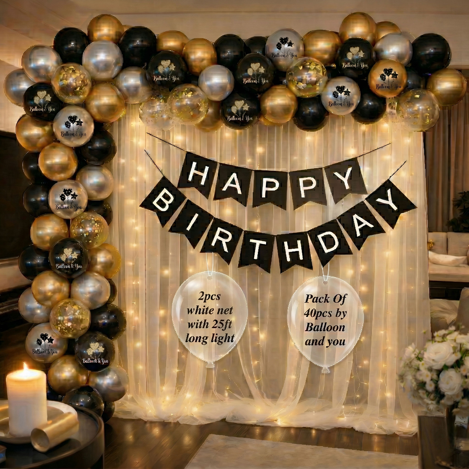 Image of Balloon and you Solid Gold, Black & Silver Birthday Decoration Kit with White Net & LED Lights Balloon