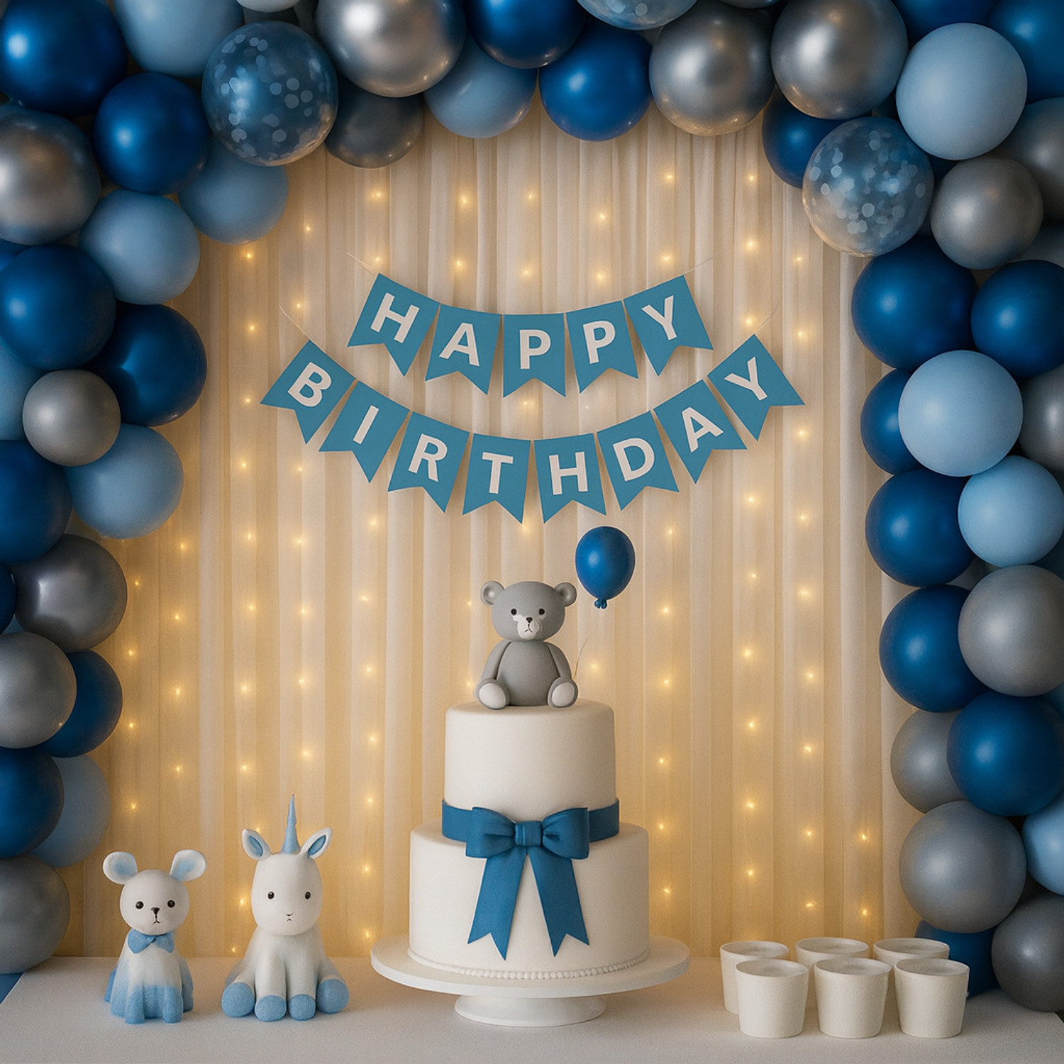 Image of Balloon and you Solid Happy Birthday Decoration Combo Kit with White Net Curtain, LED Fairy Lights & Balloon