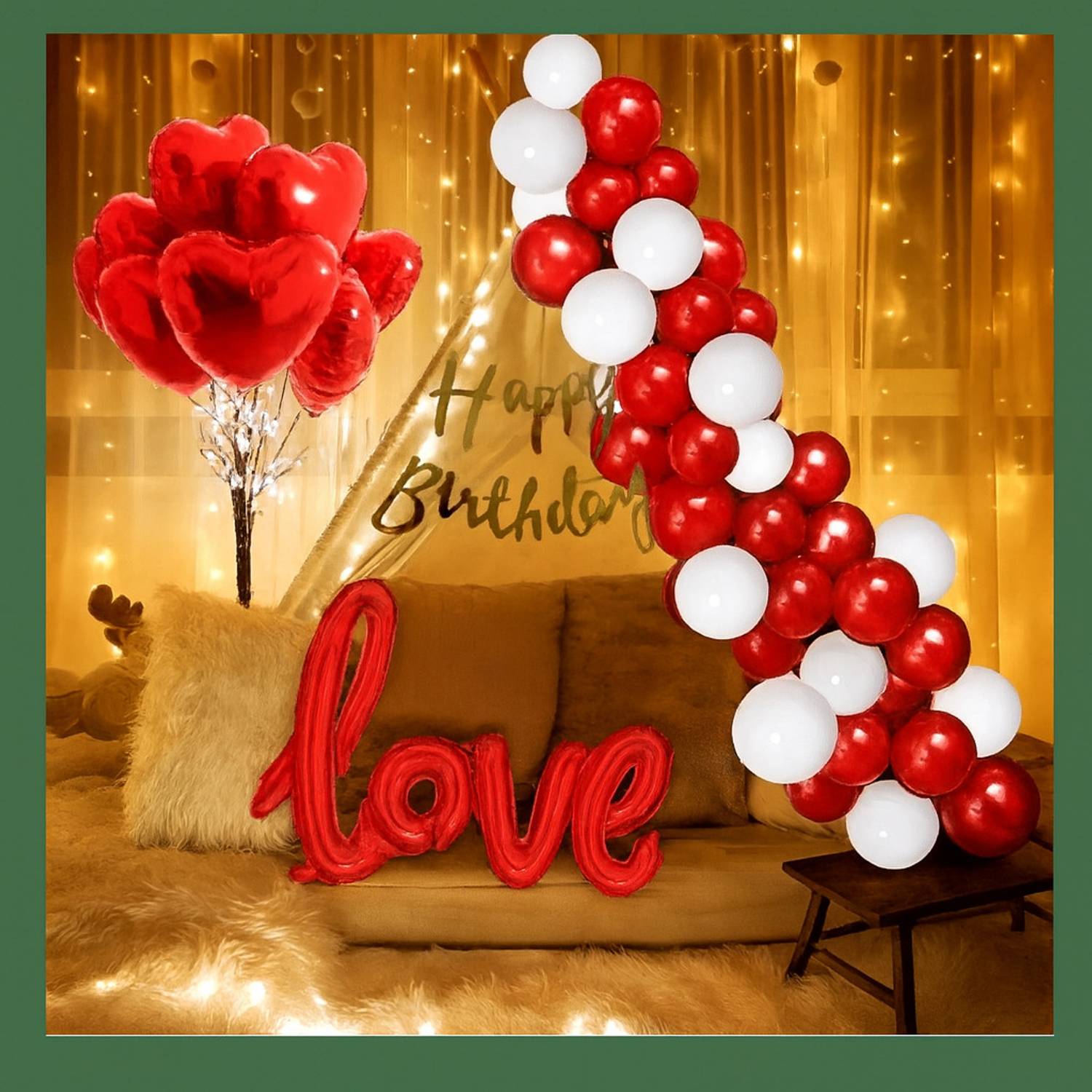 BALAJI BLESSINGS EVENTS Solid Red & White Decoration Set with Love Foil Balloon, Heart Balloons, Fairy Lights Balloon