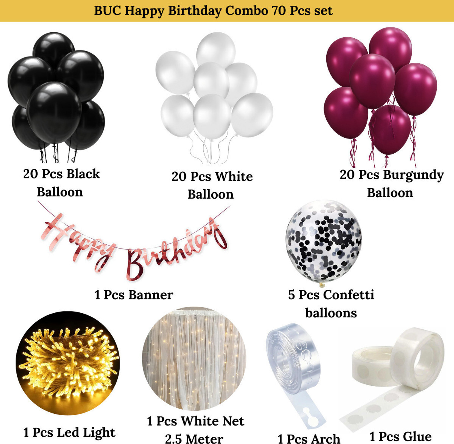 Image of BUC Solid Birthday Decoration Items Combo Kit Balloon (Multicolor, Pack of 70)