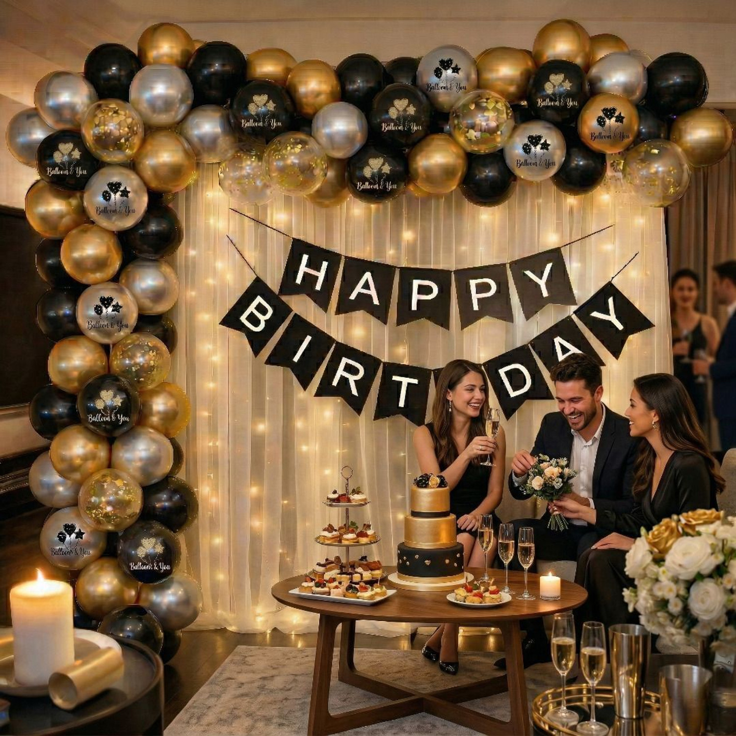 Image of Balloon and you Solid Gold, Black & Silver Birthday Decoration Kit with White Net & LED Lights Balloon