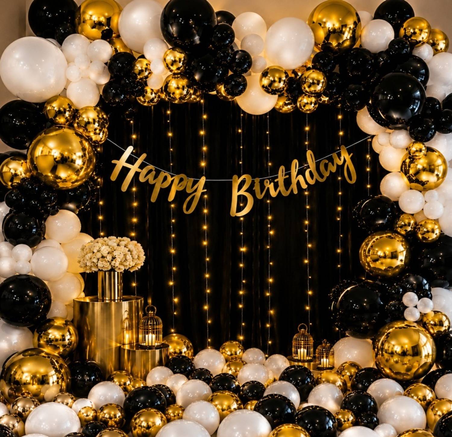 ballooooify Solid Royal Black Gold Happy Birthday Balloon Arch Decoration Balloon