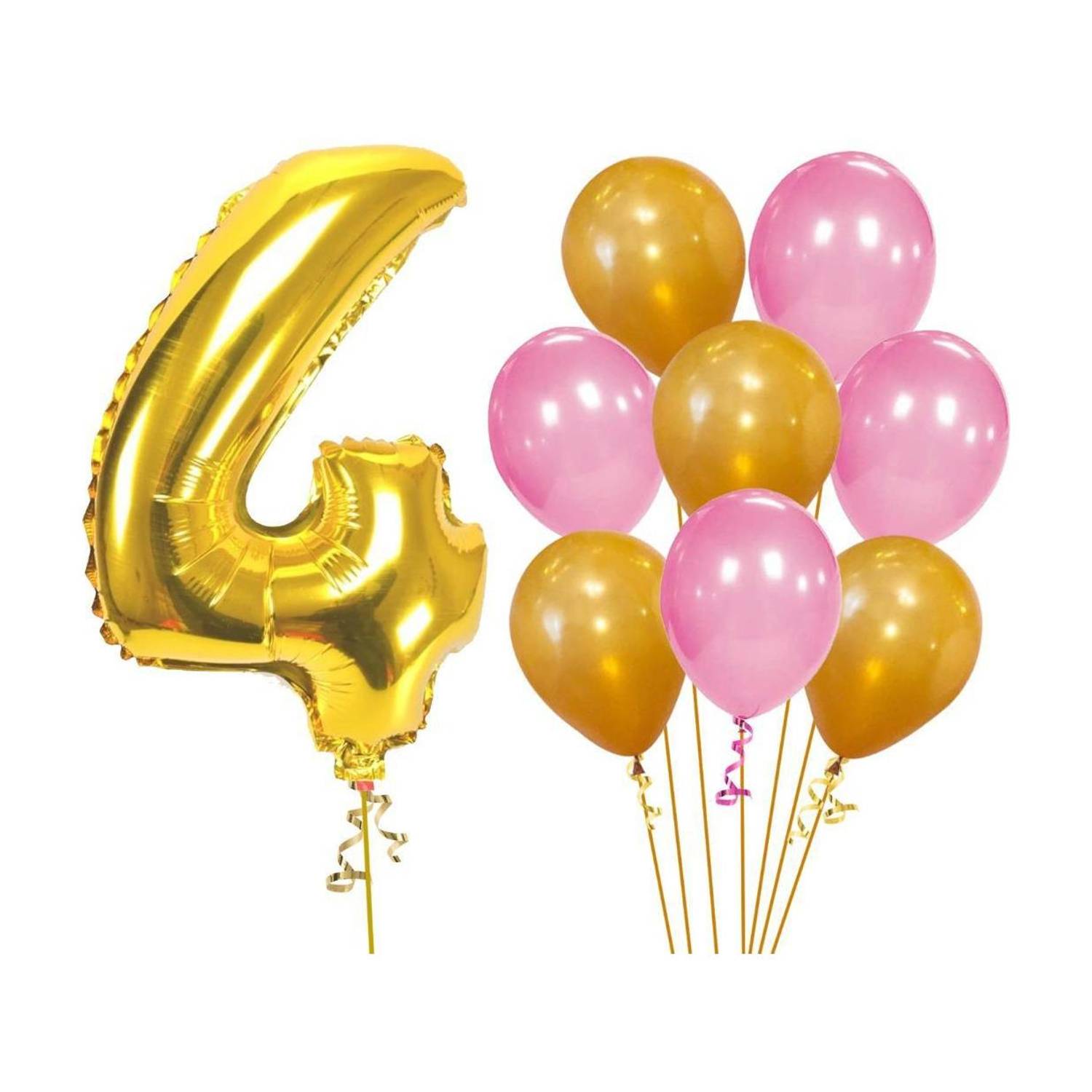 ACOME Solid 4th Birthday Baby Girl/Boy Decoration Combo. Number 4 Foil Balloon(1pc) and Gold Pink Metallic Balloons (8pc) Set 9Pcs Balloon