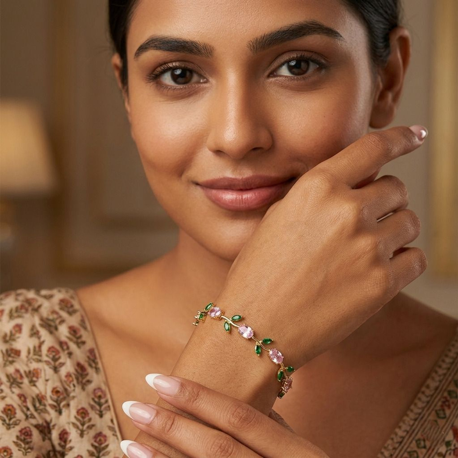Image of XAYAH Stainless Steel Emerald, Ruby Gold-plated Bracelet