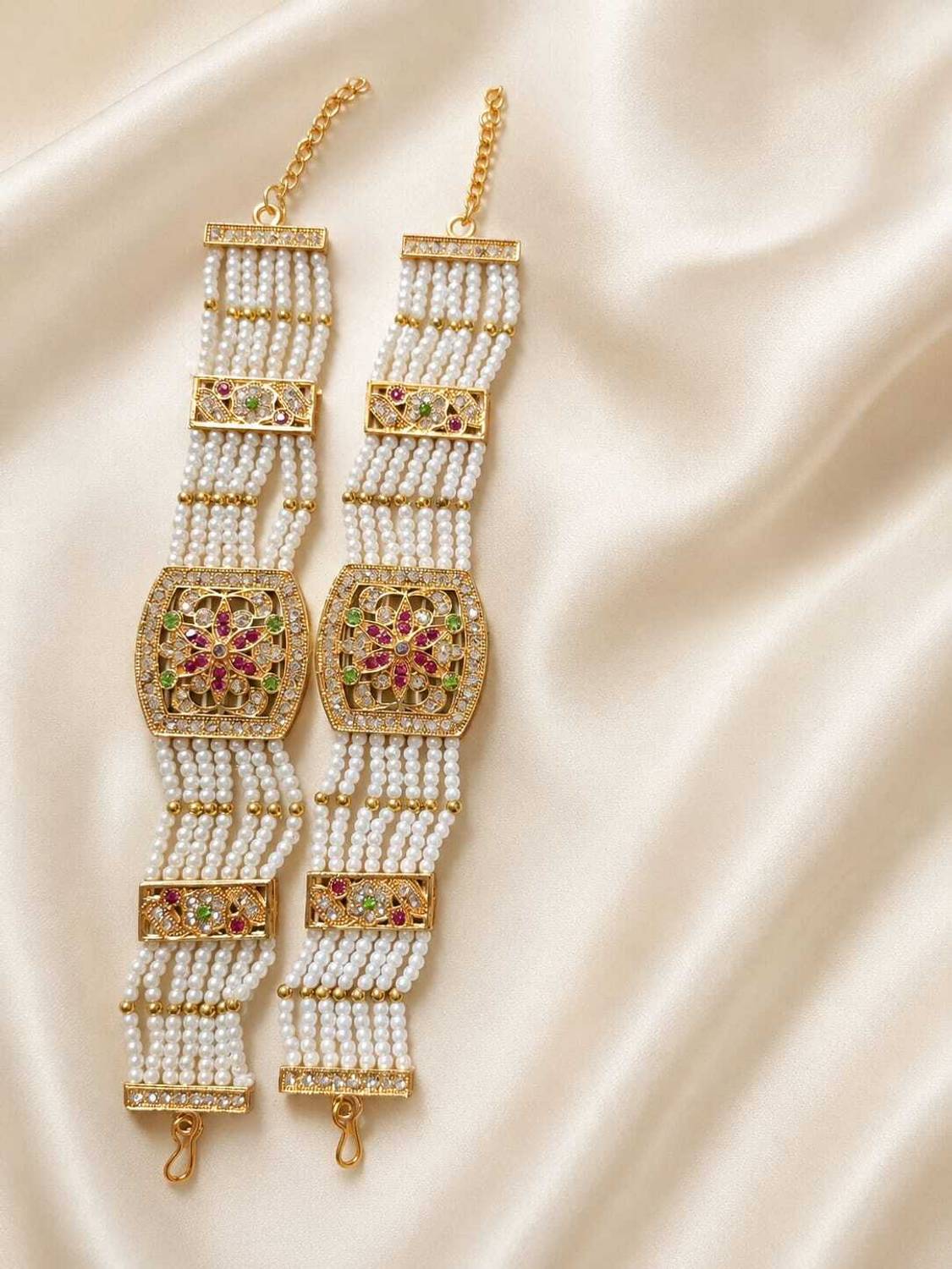 99ratana Brass, Copper Pearl, Cubic Zirconia, Emerald, Ruby Gold-plated Bracelet Set