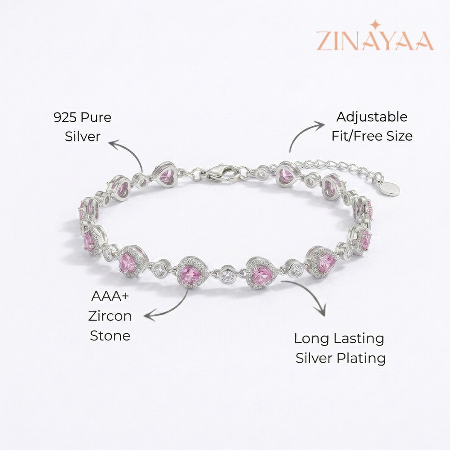 Image of Zinayaa Sterling Silver Zircon Rhodium Bracelet