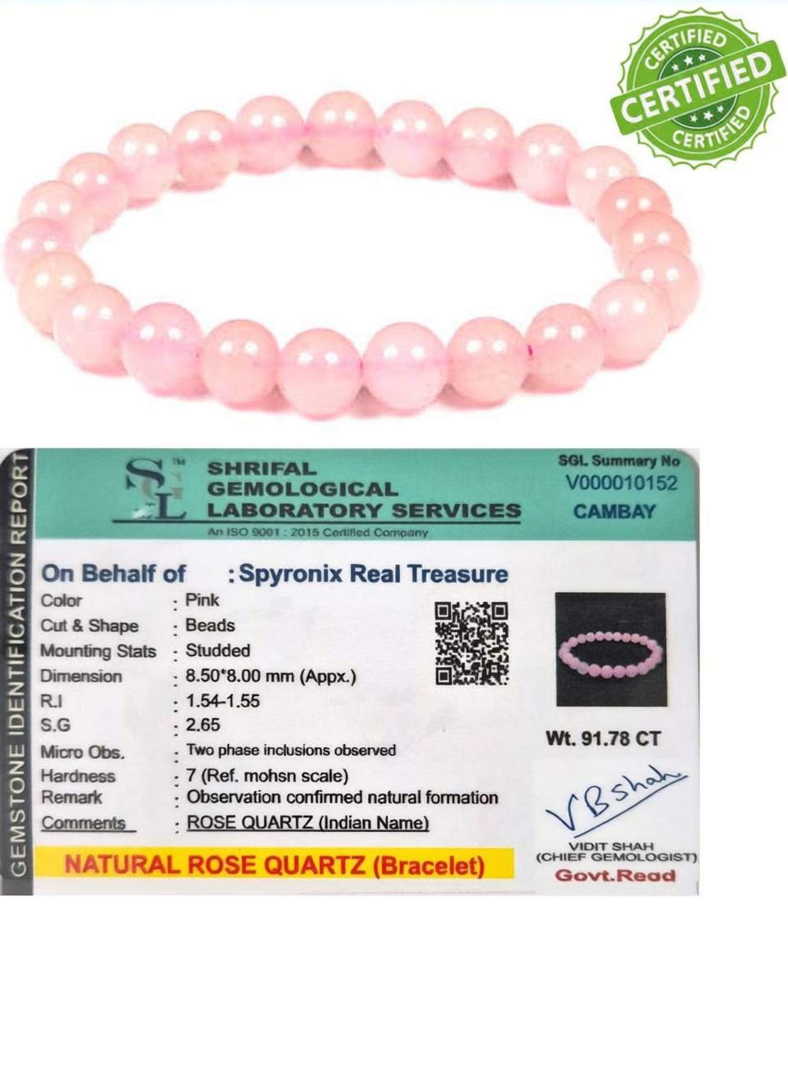 SPYRONIX REAL TREASURE Stone, Rose Quartz Crystal Bracelet Price