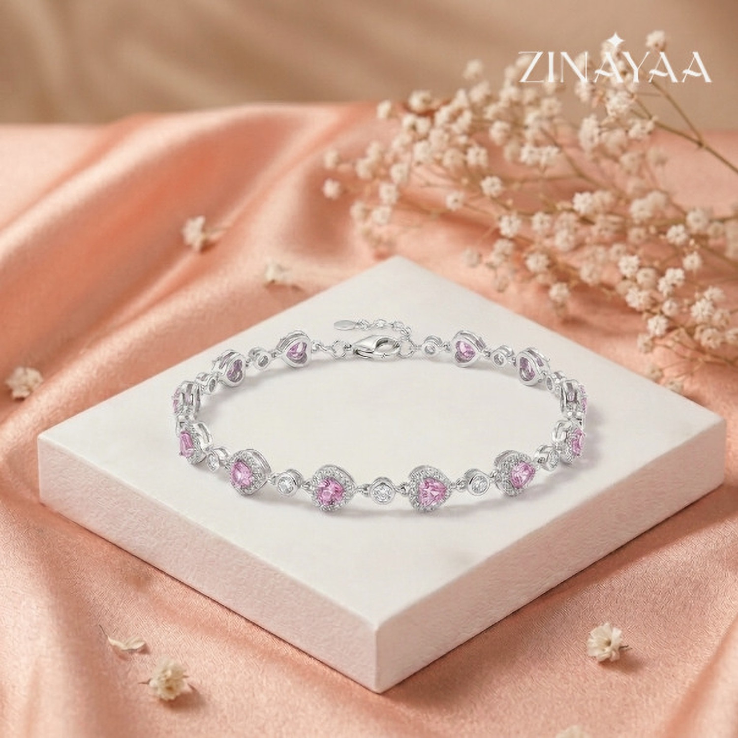 Image of Zinayaa Sterling Silver Zircon Rhodium Bracelet