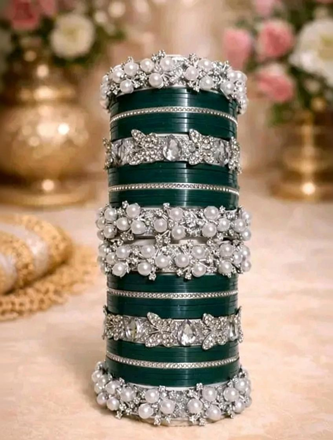 Image of AMANDCO Plastic Pearl, Rhinestone Bangle Set