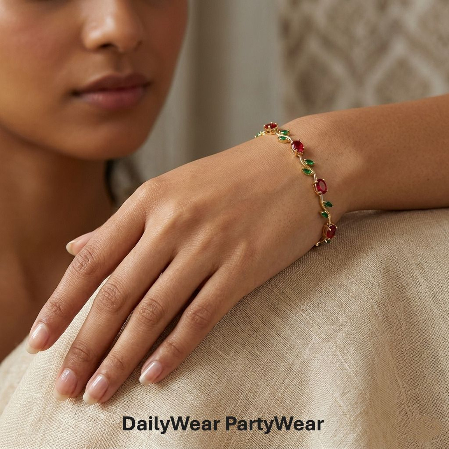 Image of XAYAH Stainless Steel Emerald, Ruby Gold-plated Bracelet
