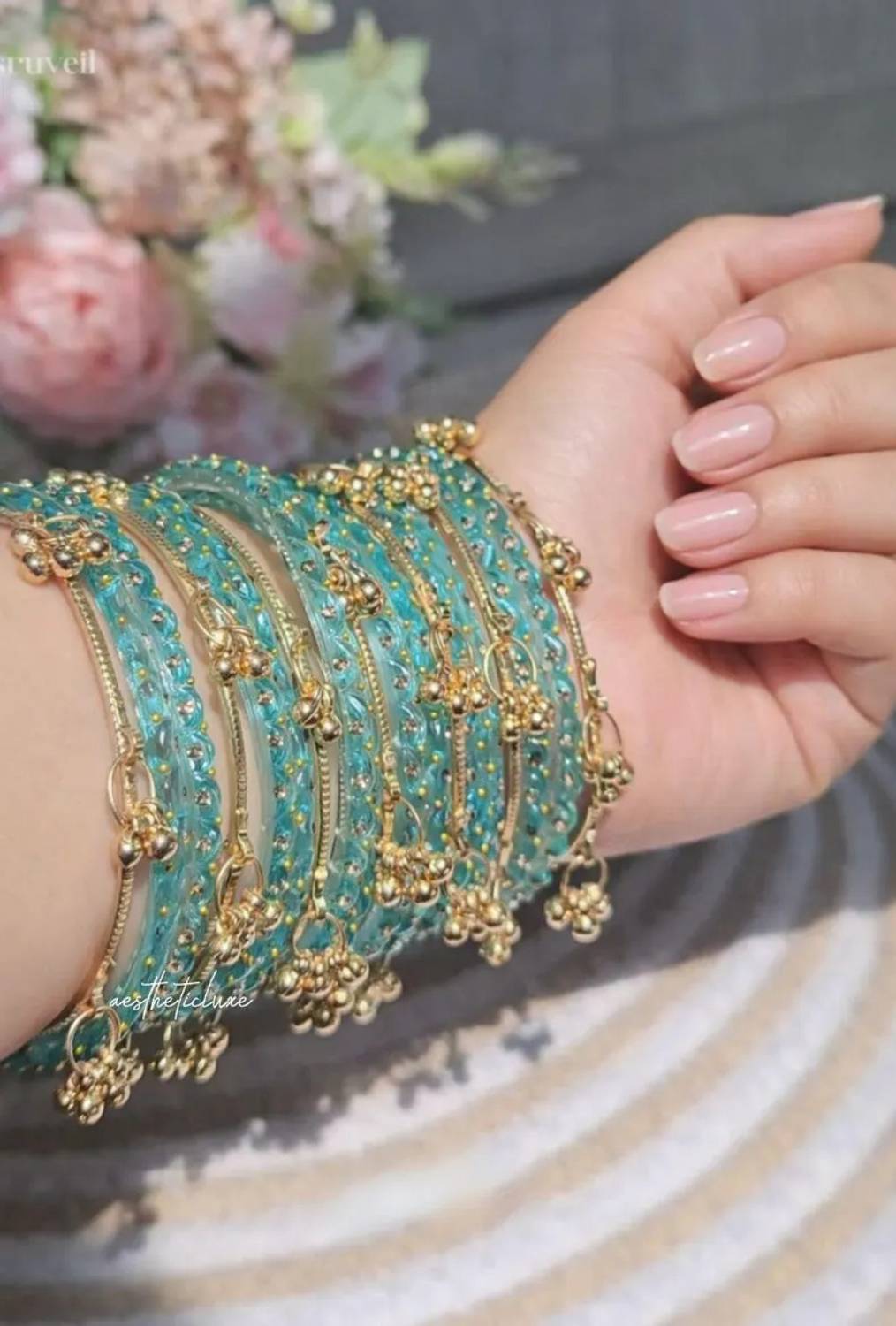 VEDHAHI Gold-plated Glass Beads Bangle Set Pack of 10 - Image 2