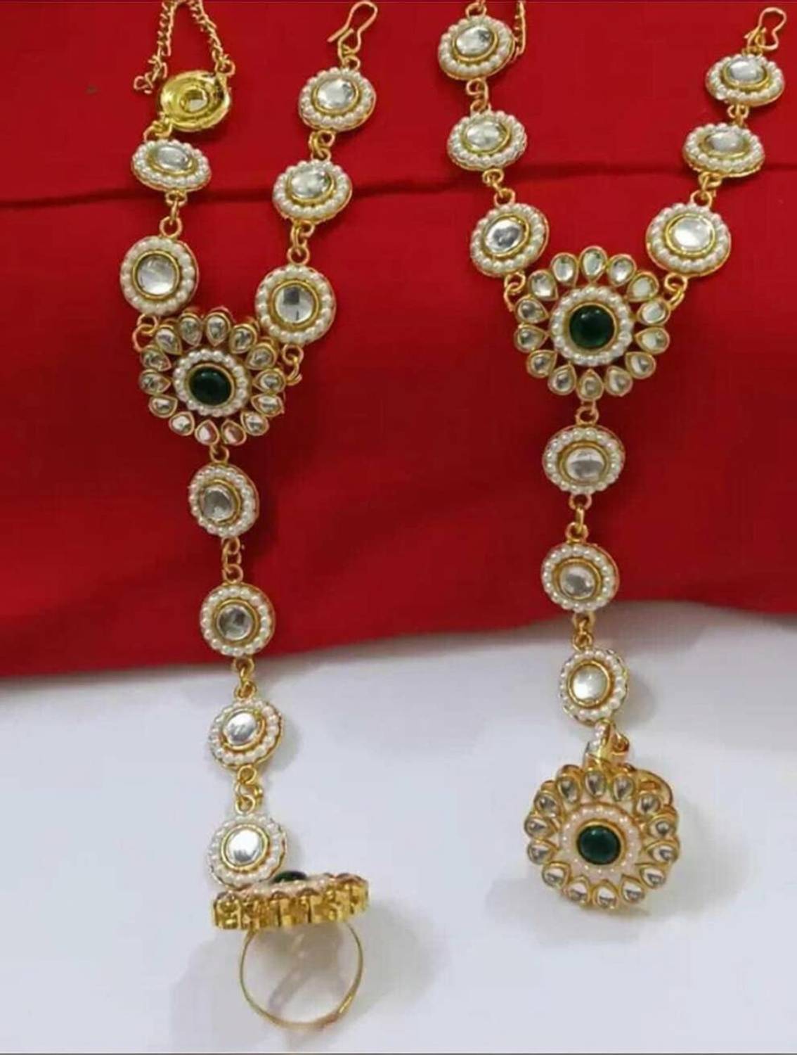 Aaruhi Creation Alloy Pearl, Cubic Zirconia, Ruby Gold-plated Hand Thong