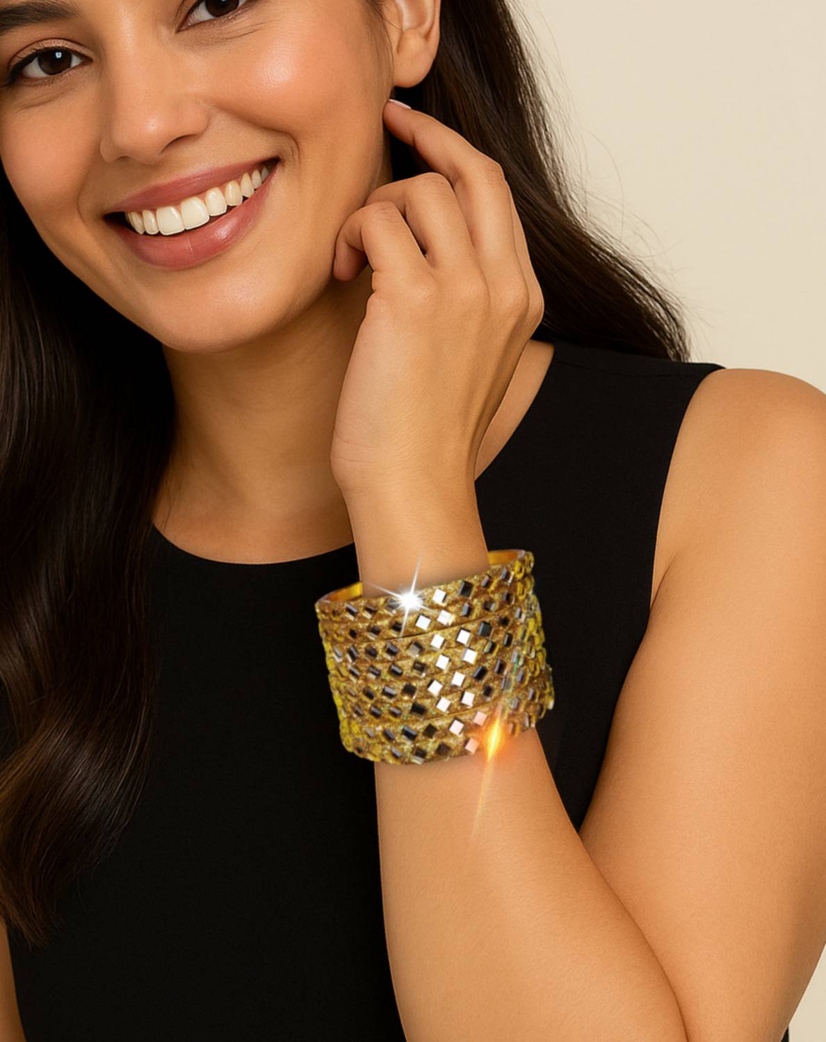 Atrika Brass, Crystal, Glass Beads, Zircon Gold-plated Bangle