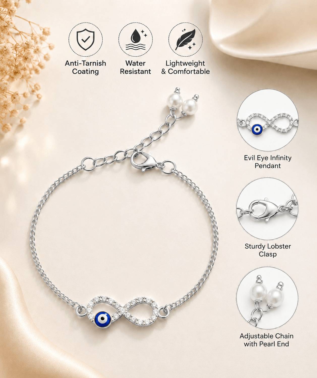 KAMALAKSH Brass Pearl CZ Silver Coated Bracelet - Image 3