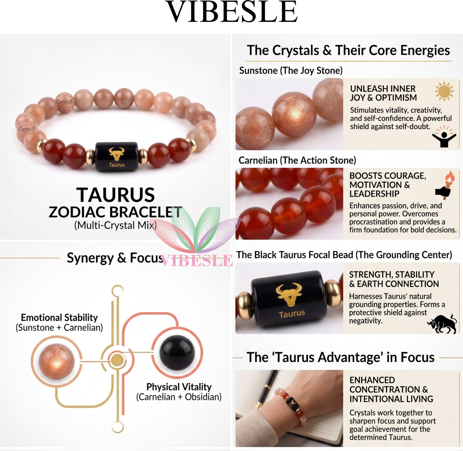 Image of VIBESLE Stone, Red Beads, Agate, Crystal Charm Bracelet