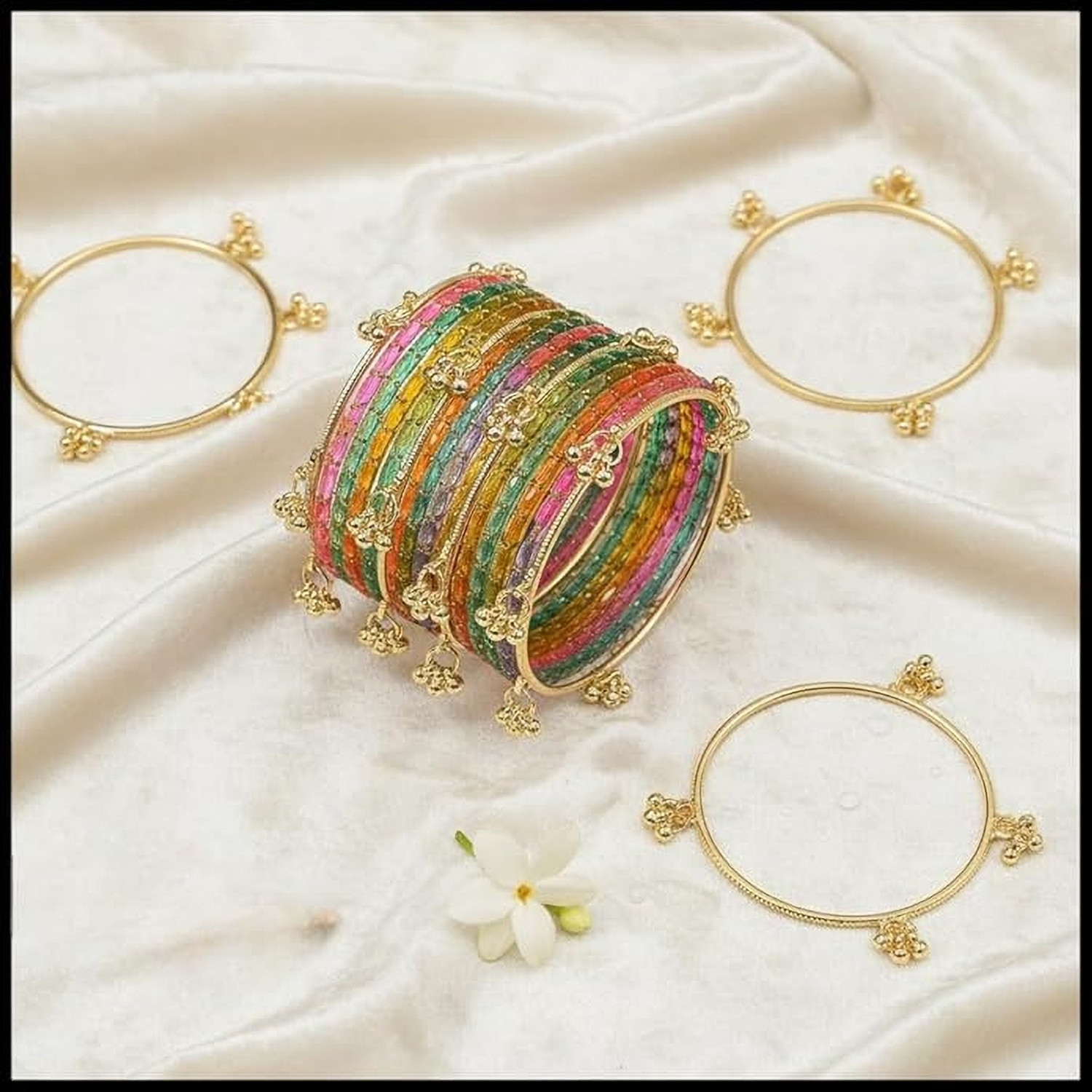 Image of VEDHAHI Stone, Glass Crystal Gold-plated Bangle Set