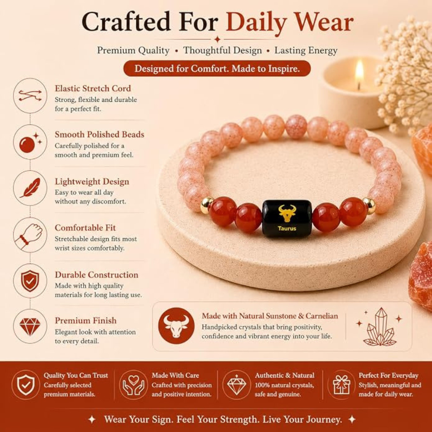 Image of VIBESLE Stone, Red Beads, Agate, Crystal Charm Bracelet