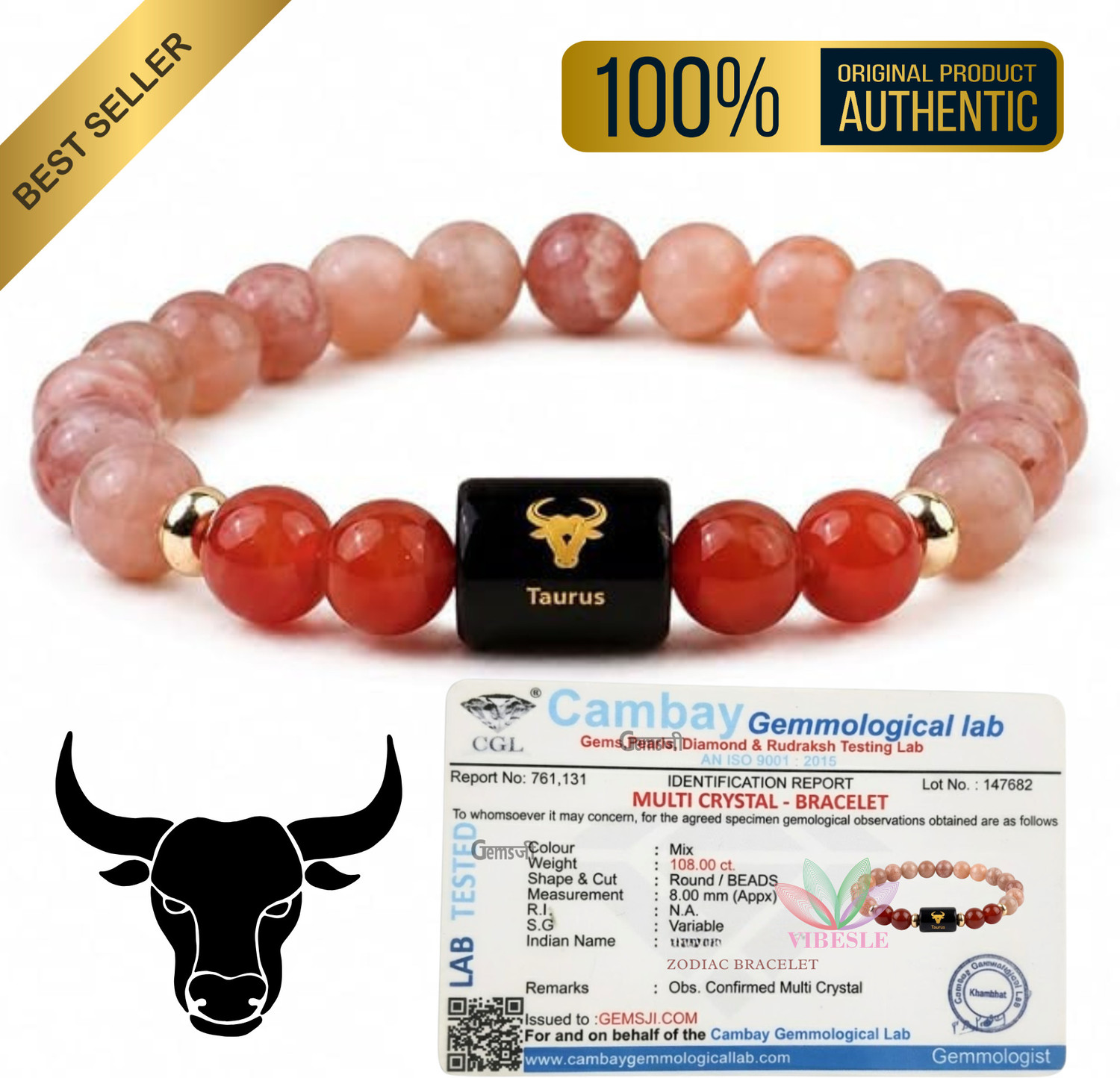 Image of VIBESLE Stone, Red Beads, Agate, Crystal Charm Bracelet
