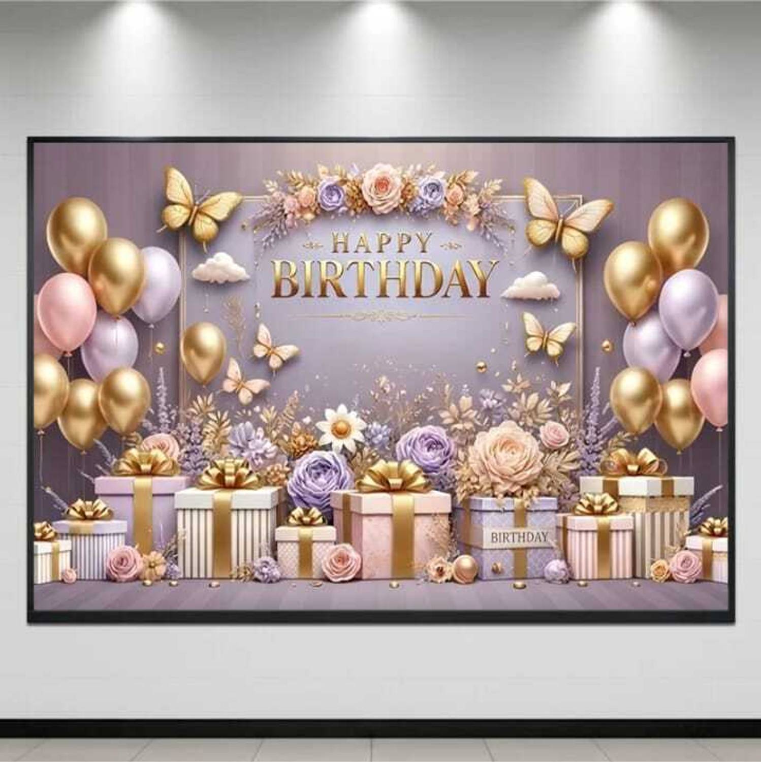 ADISHA FASHIOAN 118 GOLDEN GIFT BALLON HAPPY BIRTHDAY BANNER Banner