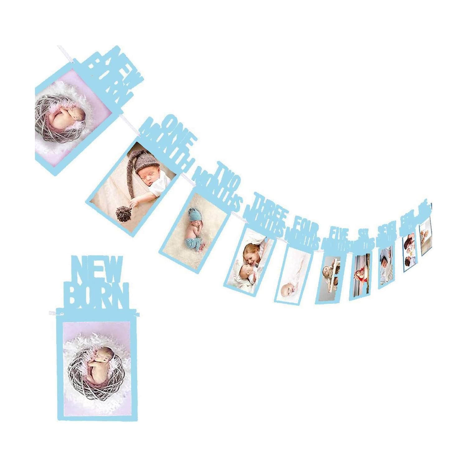 AMFIN New Born 1st Birthday Baby Photo Banner Blue / Growth Record 1-12 Months / Monthly Milestone Photo Bunting Wreath, First Birthday Party Decoration Banner