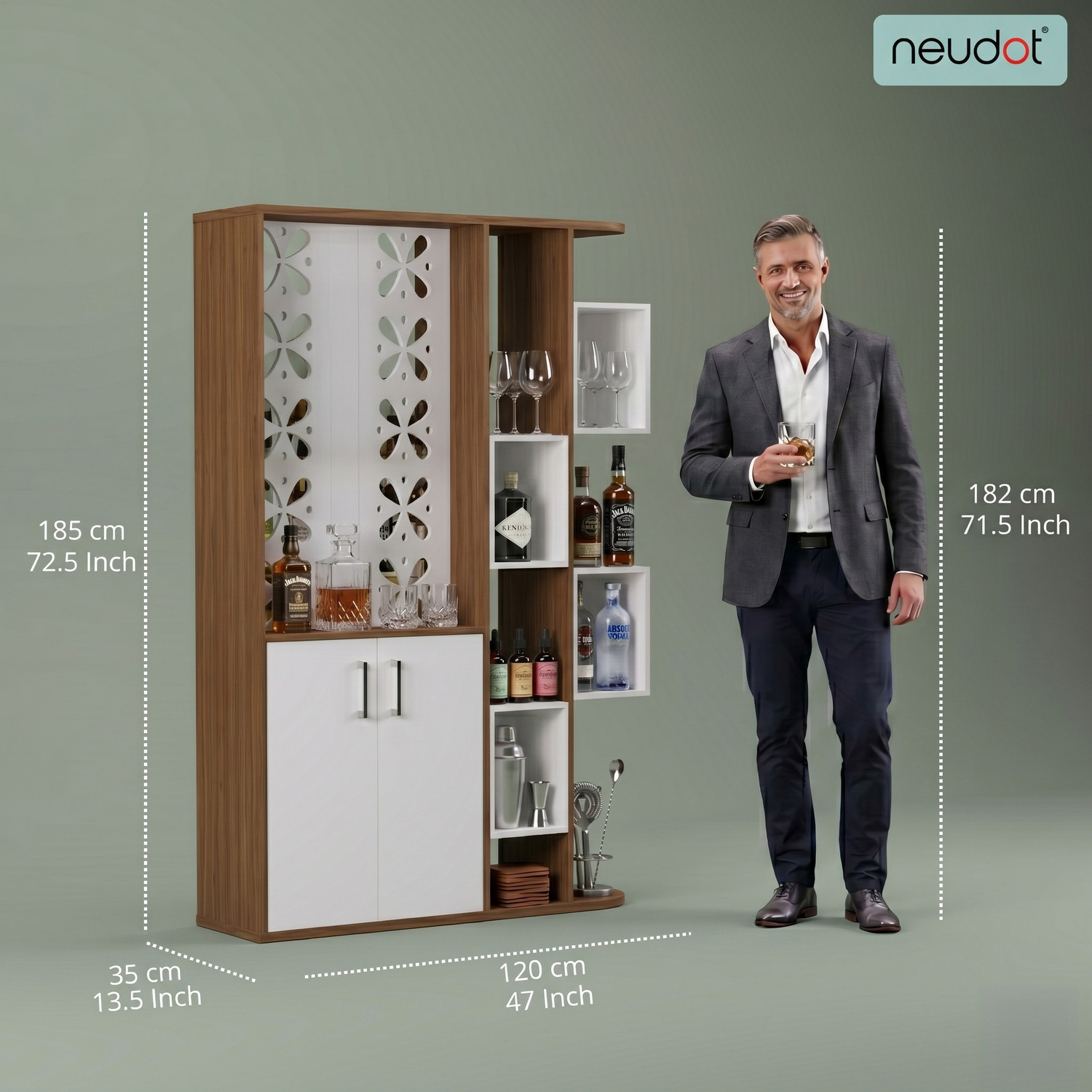 Image of NEUDOT Baileys | Bar Unit with Storage | Living Room Cabinet | Liquor Rack for Home | Engineered Wood Bar Cabinet