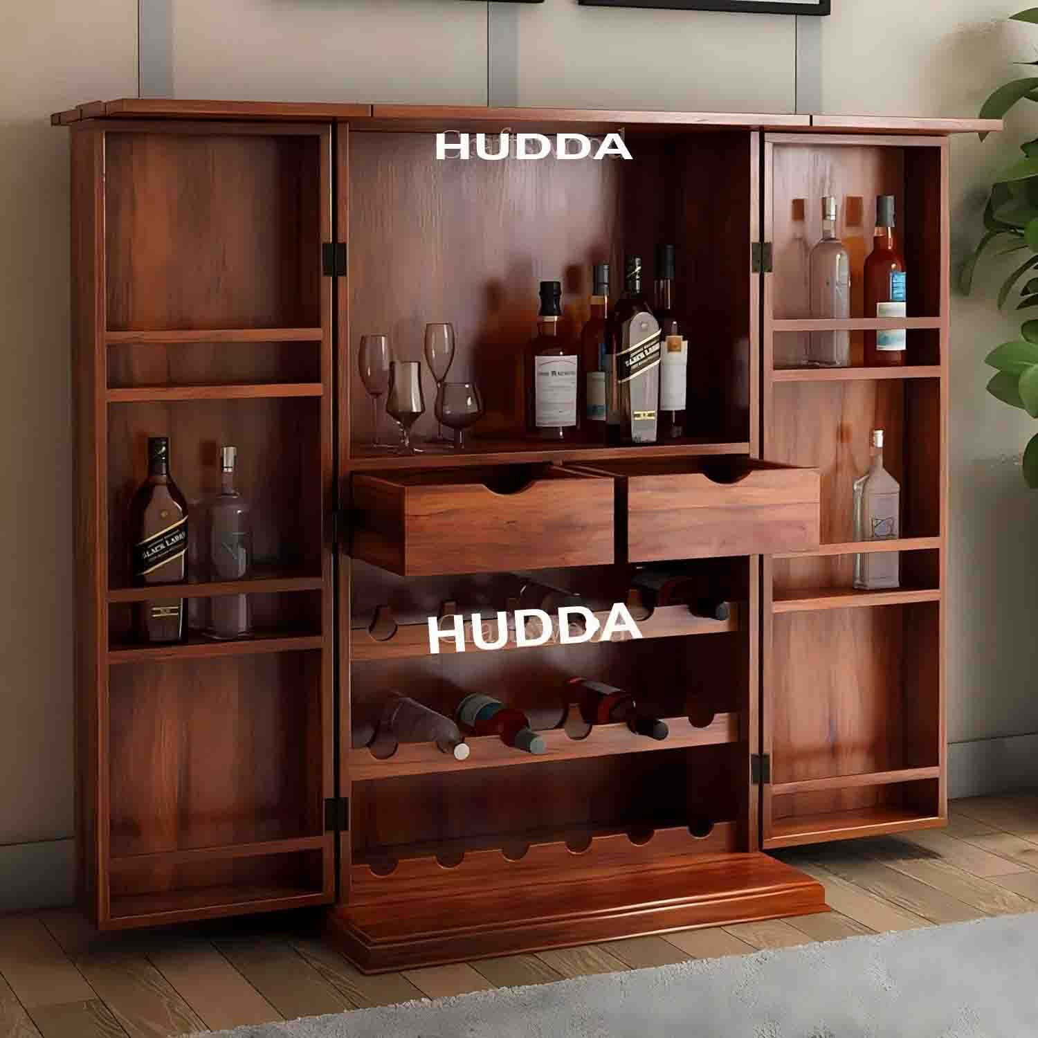 Image of HUDDA Hudda Solid Wood Bar Cabinet - Elegant Home Liquor Storage Solid Wood Bar Cabinet