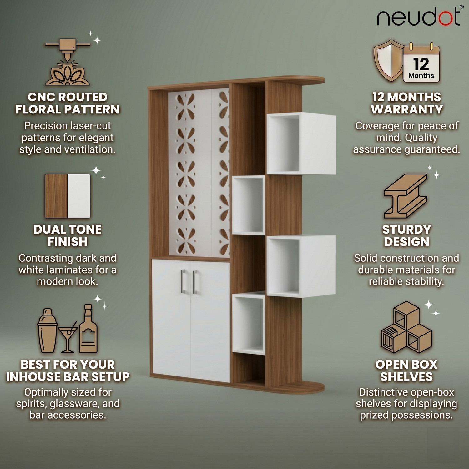 Image of NEUDOT Baileys | Bar Unit with Storage | Living Room Cabinet | Liquor Rack for Home | Engineered Wood Bar Cabinet