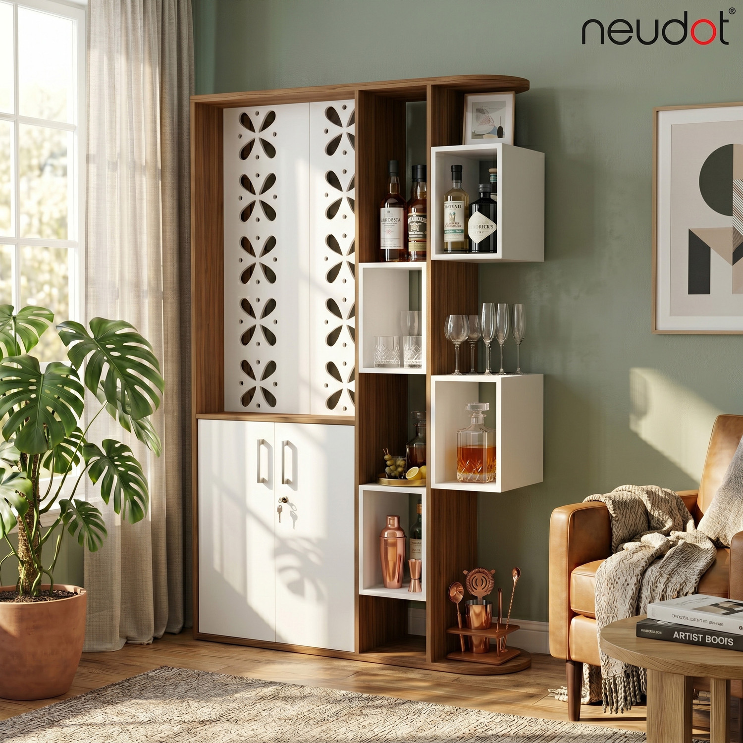 Image of NEUDOT Baileys | Bar Unit with Storage | Living Room Cabinet | Liquor Rack for Home | Engineered Wood Bar Cabinet