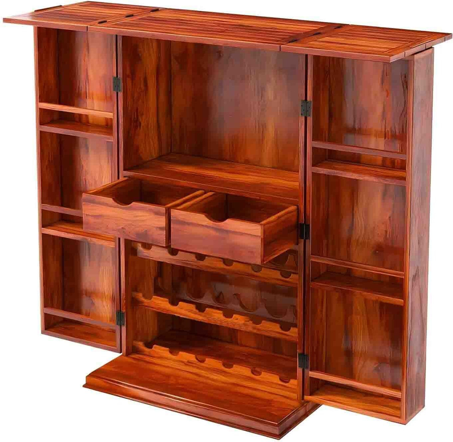 Image of HUDDA Hudda Solid Wood Bar Cabinet - Elegant Home Liquor Storage Solid Wood Bar Cabinet