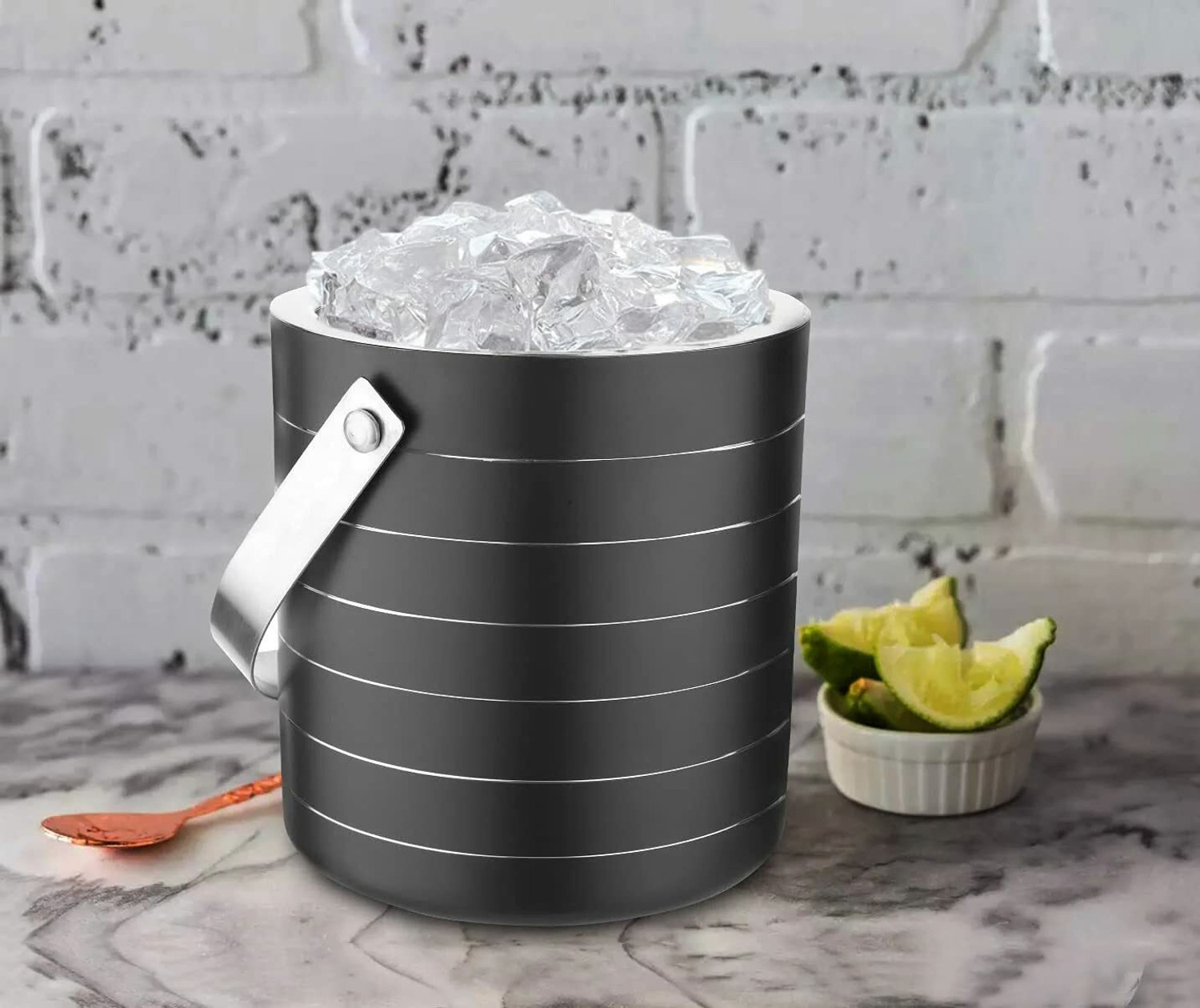 Image of EVK Black Ring Bar Set for Drink Gift, Double Wall-Ice Bucket, Tong & Peg Measure( 3 - Piece Bar Set