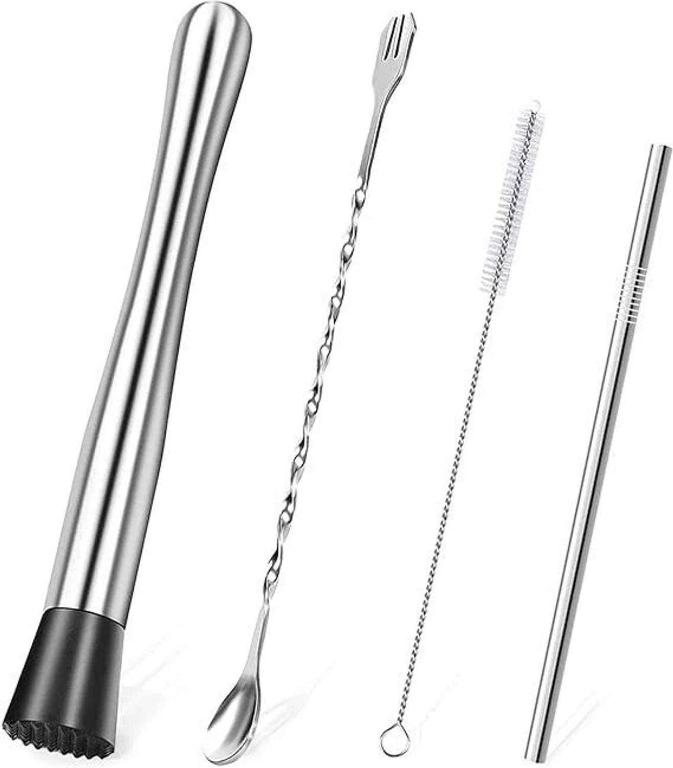 BARDECOR Stainless Steel Bar Set | Muddler, Spoon With Fork, Straw With Brush Stainless Steel Masher