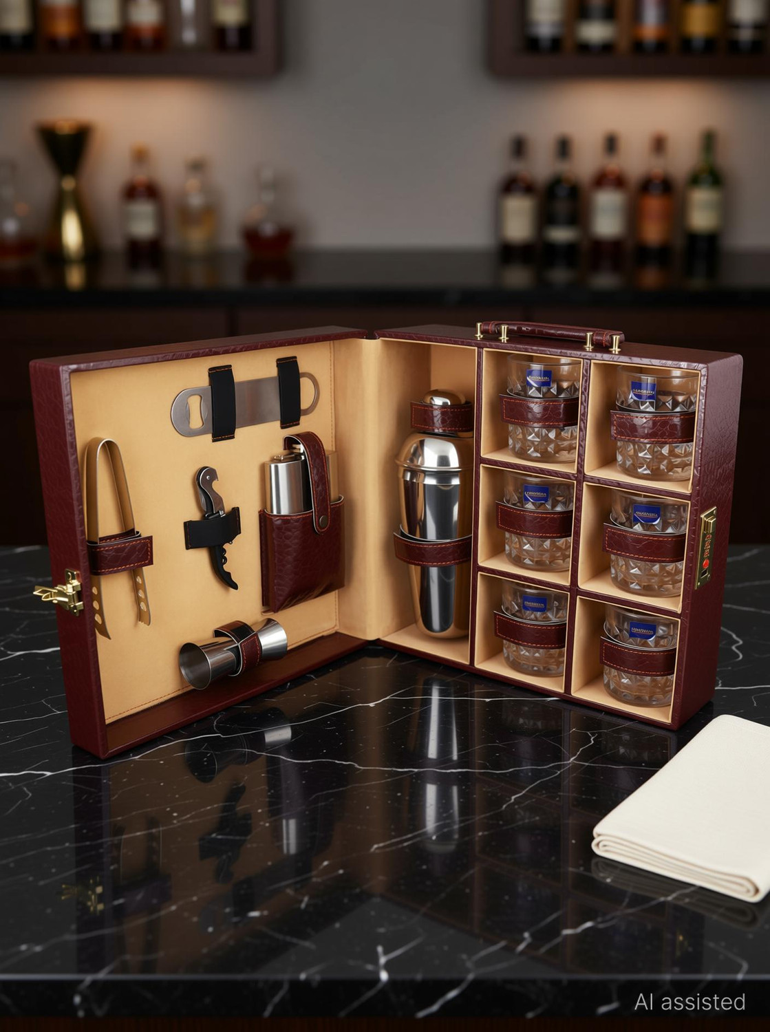 SURFNPICK Portable Brown Premium Bar Set With 6 Whiskey Glasses for Picnic, Travel & Car 1 - Piece Bar Set