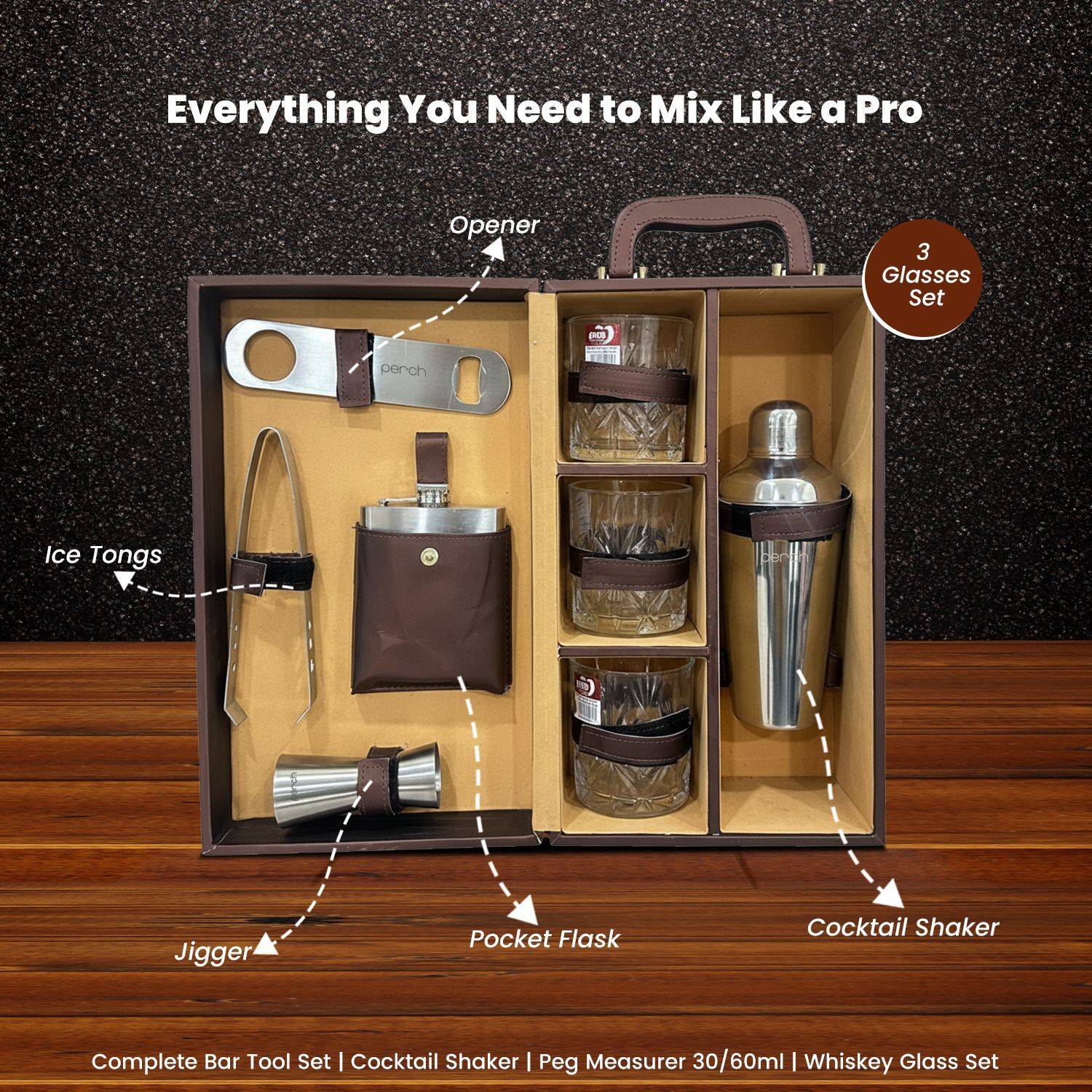 PERCH Portable Bar Set|Leatherette Suitcase Bar Kit, Cocktail