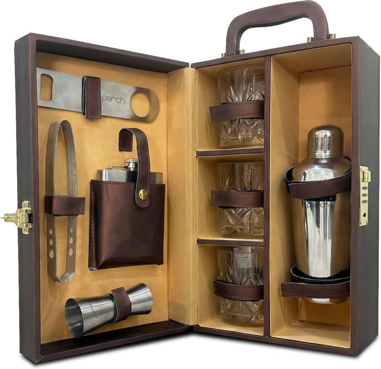 PERCH Portable Bar Set|Leatherette Suitcase Bar Kit, Cocktail