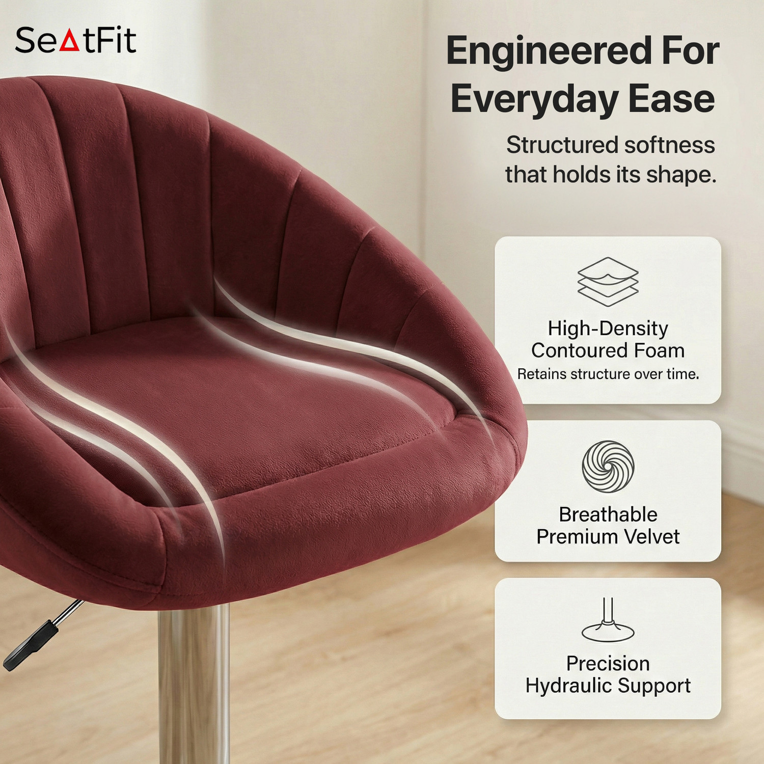Image of SEATFIT Adjustable Swivel Bar Chair with Cushioned Seat for Kitchen & Bar Solid Wood Bar Stool