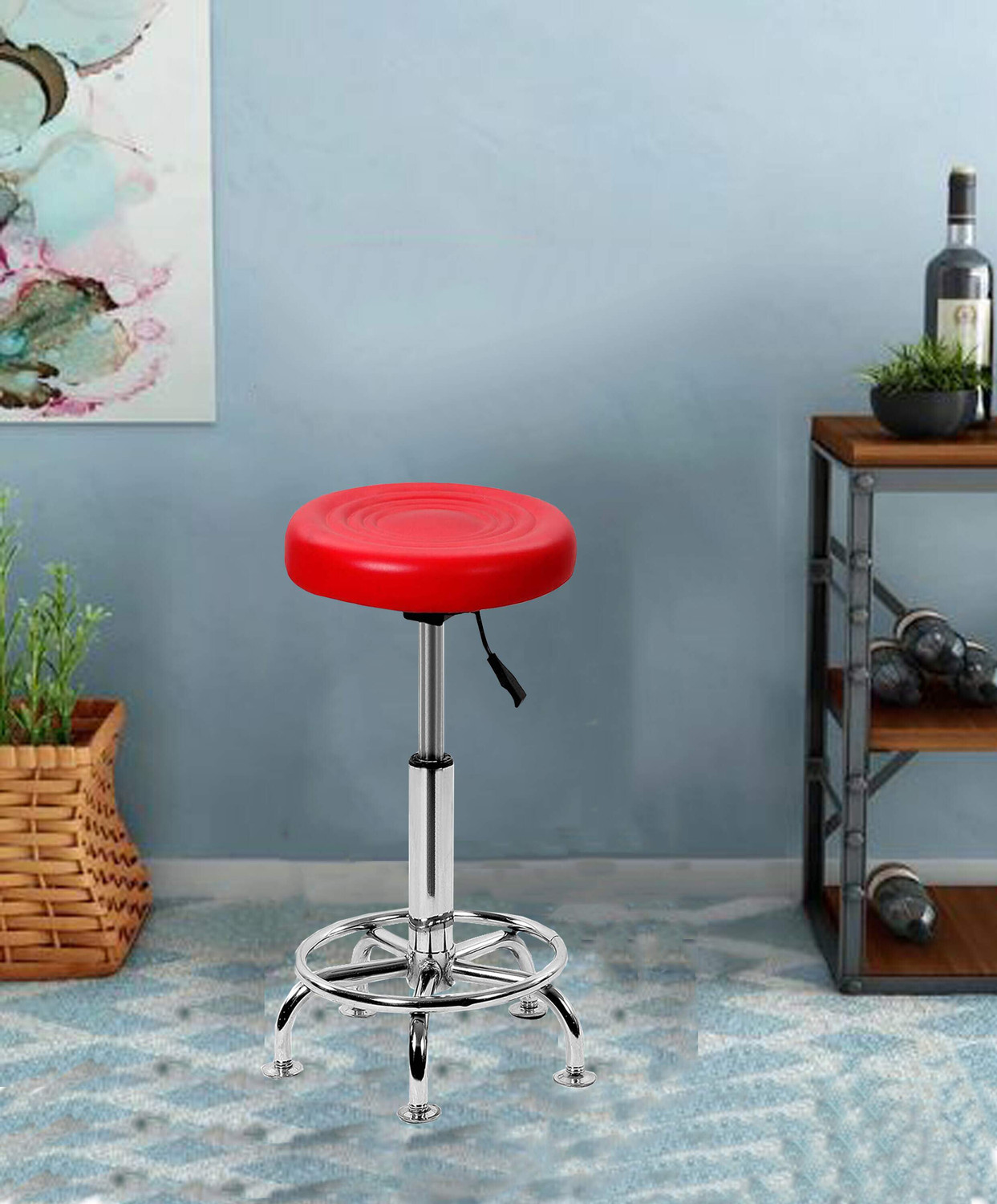 Image of MAESTRO SEATING SYSTEMS Stool with Adjustable Height and Chrome Base Stool (Red) Foam Bar Stool Leatherette Bar Chair