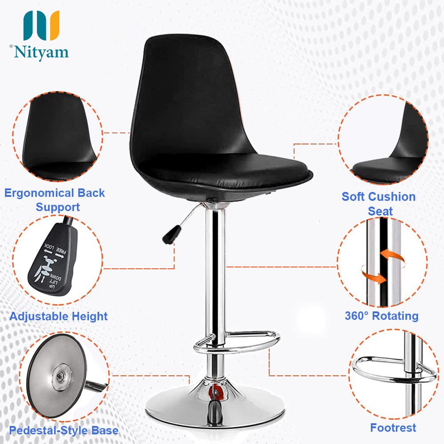 Image of NITYAM Premium Quality Kitchen Bar Stool Chair With Adjustable Height Metal Bar Stool